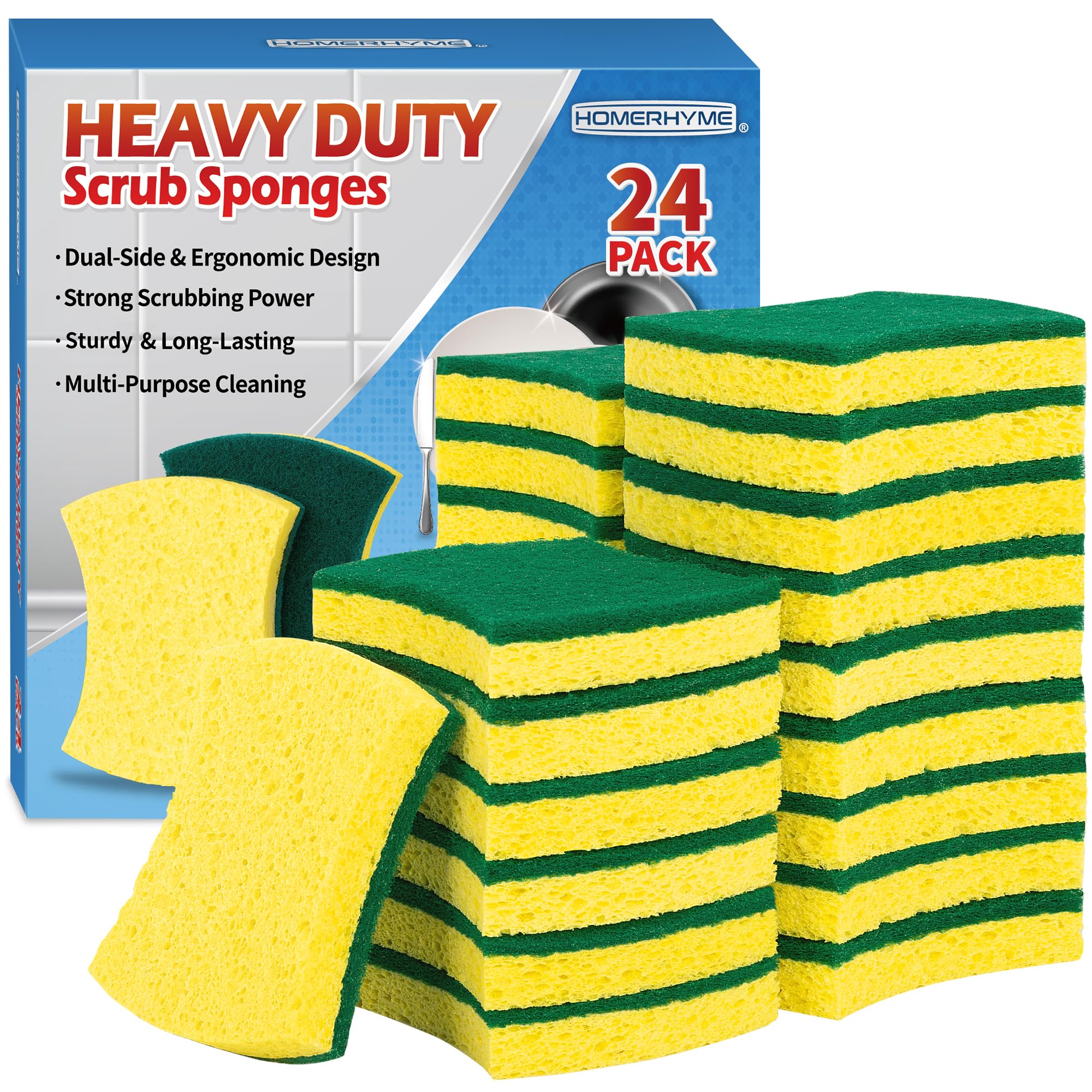 HOMERHYME Heavy Duty Scrub Sponge 24 Pack, Eco Cellulose Kitchen Dish Sponge Multipurpose Ergonomic for Washing Dishes, Uncoated Cookware & Household Cleaning.