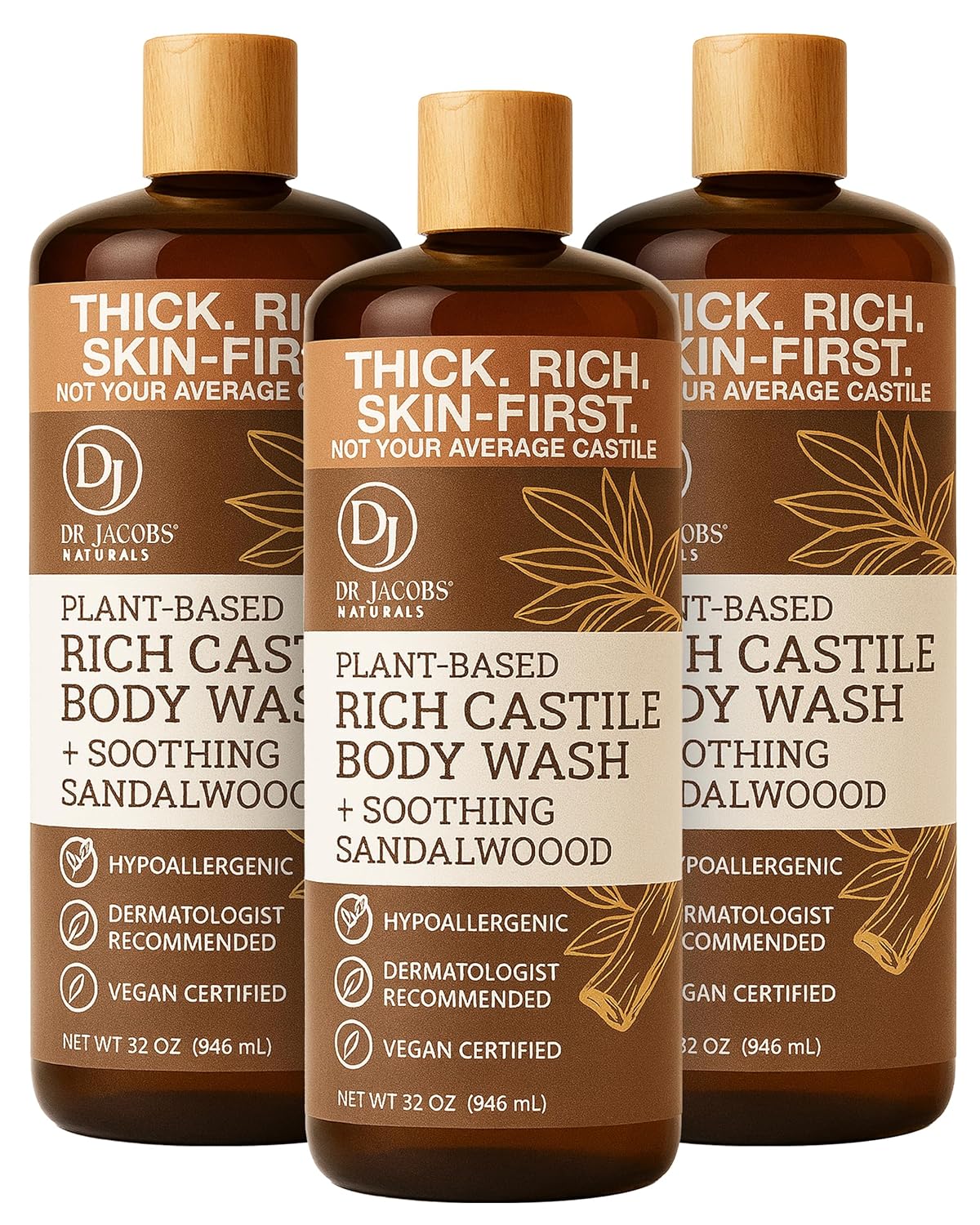 Dr. Jacobs Naturals Pure Castile Soap Liquid Body Wash, Sandalwood - All Natural Soap Infused with Vitamin E and Aloe Vera to Moisturize Dry and Sensitive Skin - Made in the USA - 32 oz, Pack of 3