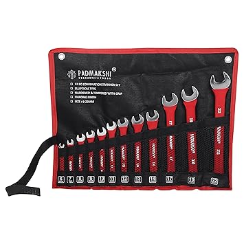 Padmakshi Combination Spanner Wrench Set, Combination Spanner Set 6mm To 22 mm,12-Piece,Chrome Vanadium Steel, with Rolling Pouch,Red Color (With Bag)