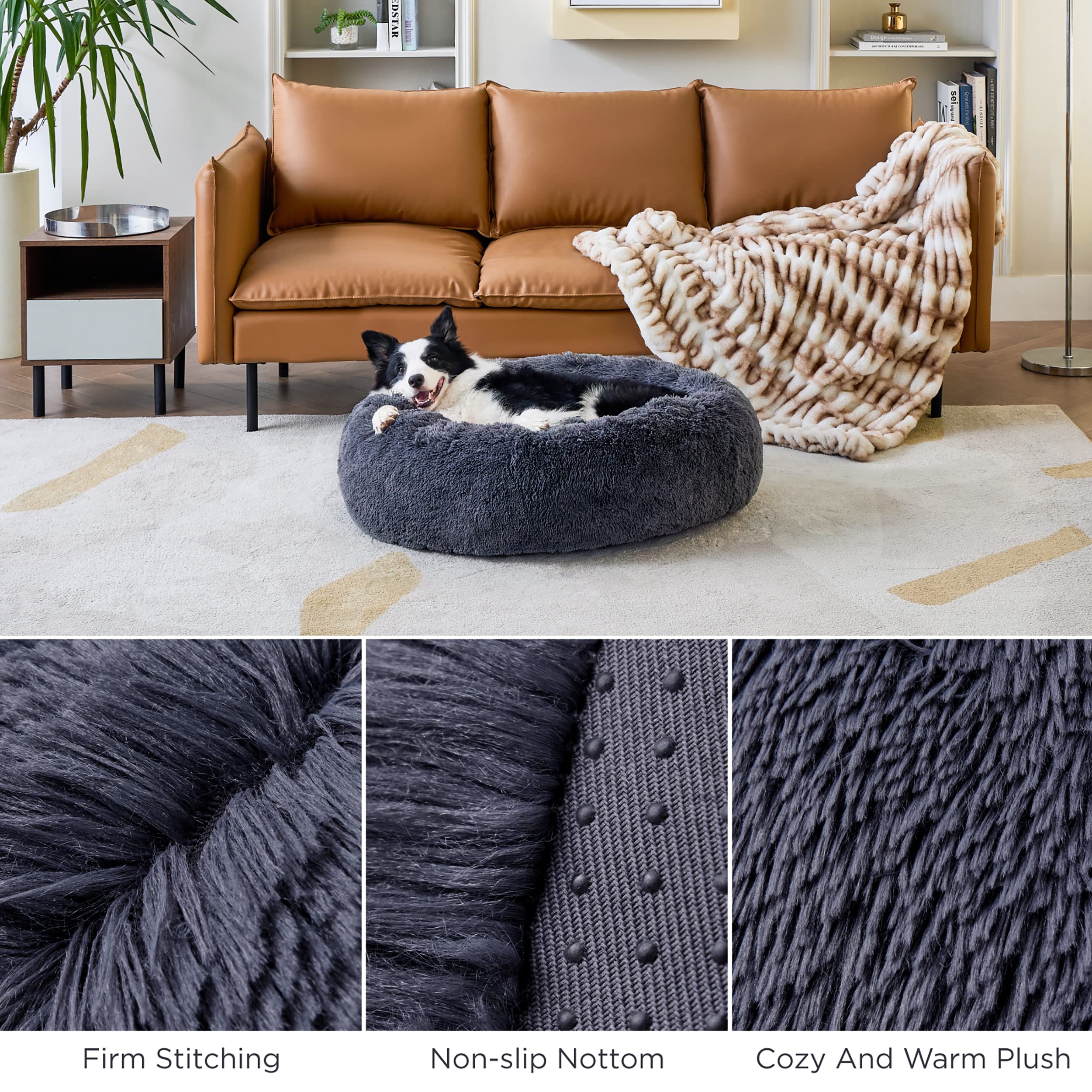 Bedsure Katzenbett waschbar Flauschiges Hundebett - Ø 80 cm Katzenschlafplatz für Katzen und Hunde, plüsch Katzenkissen rund Kuschelbett, dunkelgrau