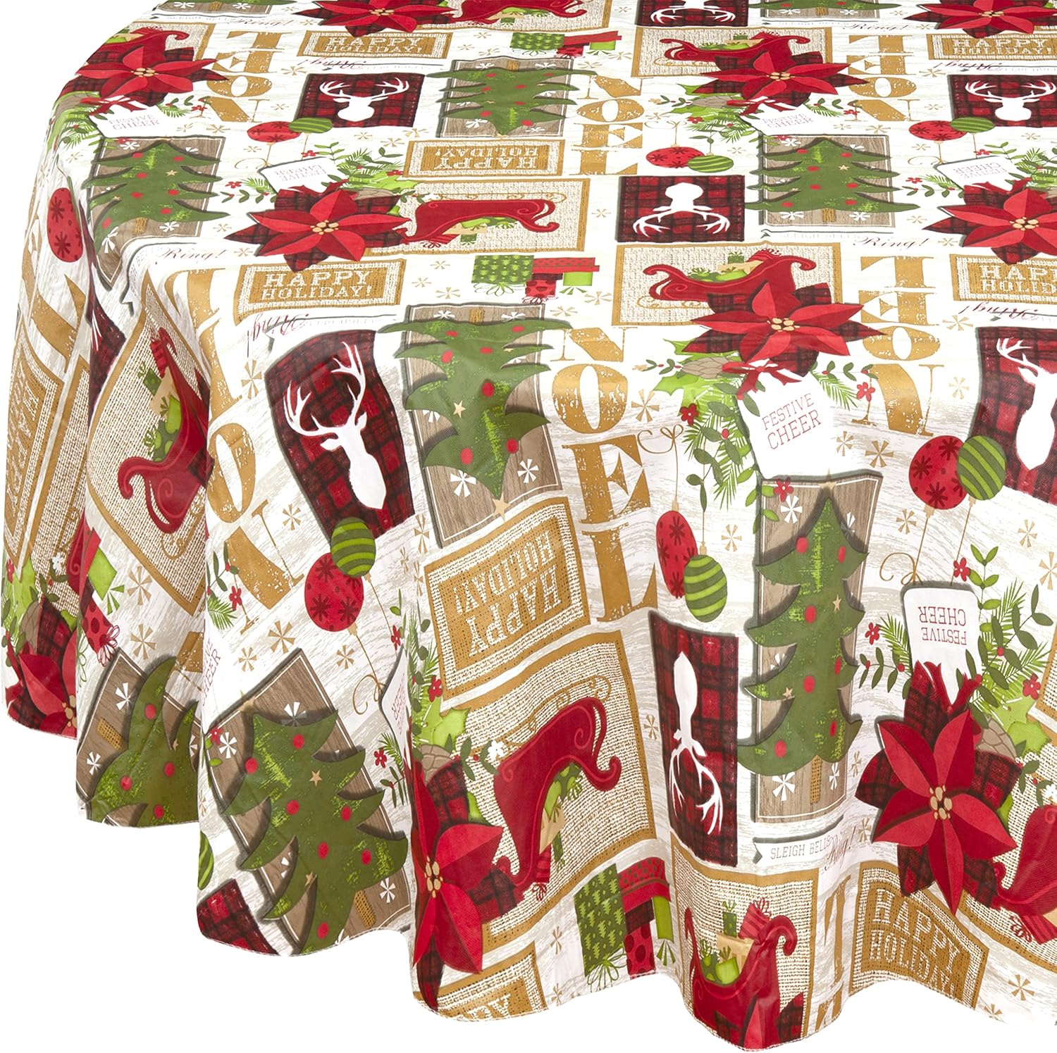 Newbridge Ivory Sleigh Bells Ring Country Rustic Vinyl Flannel Back Vinyl Christmas Tablecloth Moose Antlers, Sleighs and Festive Xmas Wipe Clean Tablecloth, 70 Inch Round