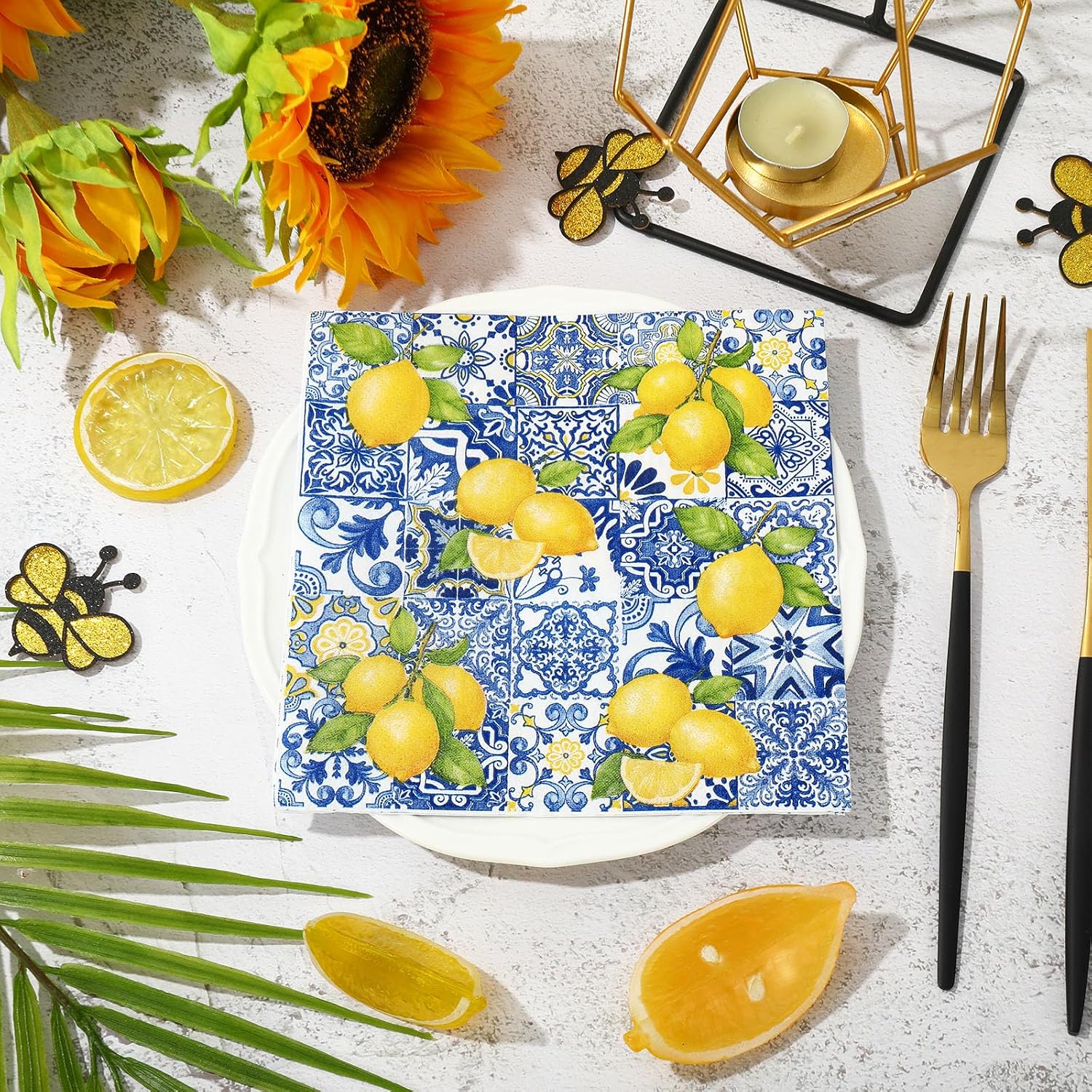 JarThenaAMCS 80Pcs Tiles Lemons Paper Napkins Blue Yellow Disposable Napkins Citrus Decorative Dinner Napkin Luncheon Napkins for Party Supplies Table Decor