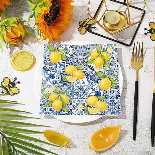 Miniatura 4 de JarThenaAMCS 80 servilletas de papel con azulejos y limones, servilletas desechables azules y amarillas, servilletas decorativas para cena,