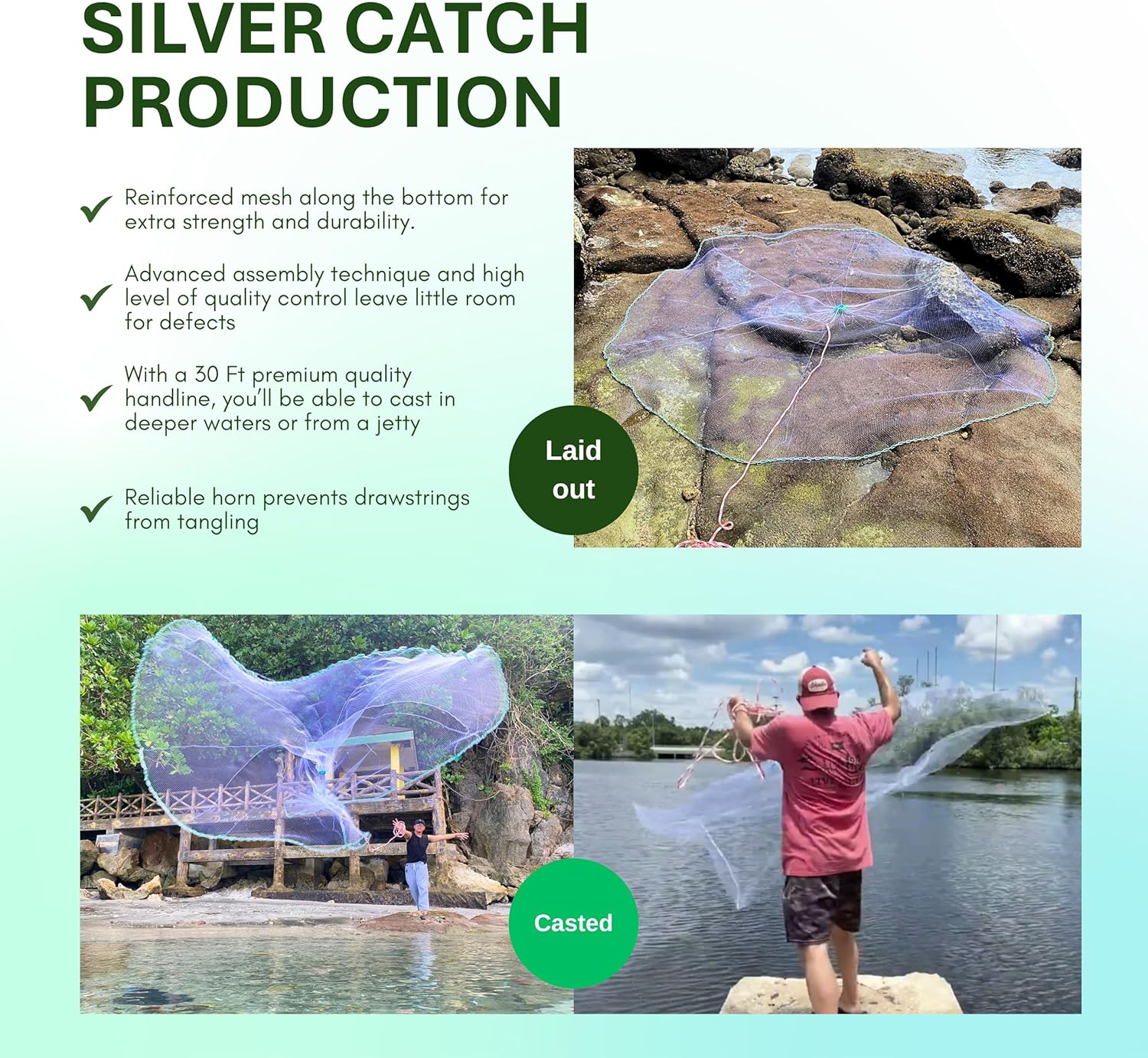 Cast Nets 4.5ft-10ft Radius|3/8",1/2",1" Mesh for Fishing with Chain Bottom, Salt Water Casting Fishing Net Gear, Easy Throw Nets Fishing Bait - Elite Series