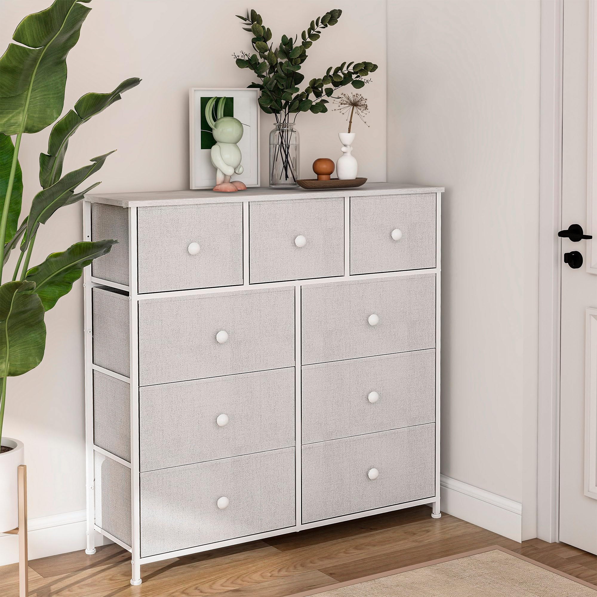 AKTIVE Max Home Cómoda dormitorio multiusos, 9 cajones de tela ligeros, 100x30x100 cm, Estructura acero, Tablero madera, Color blanco, Con sistema de nivelación, Organización, Almacenamiento (18407)