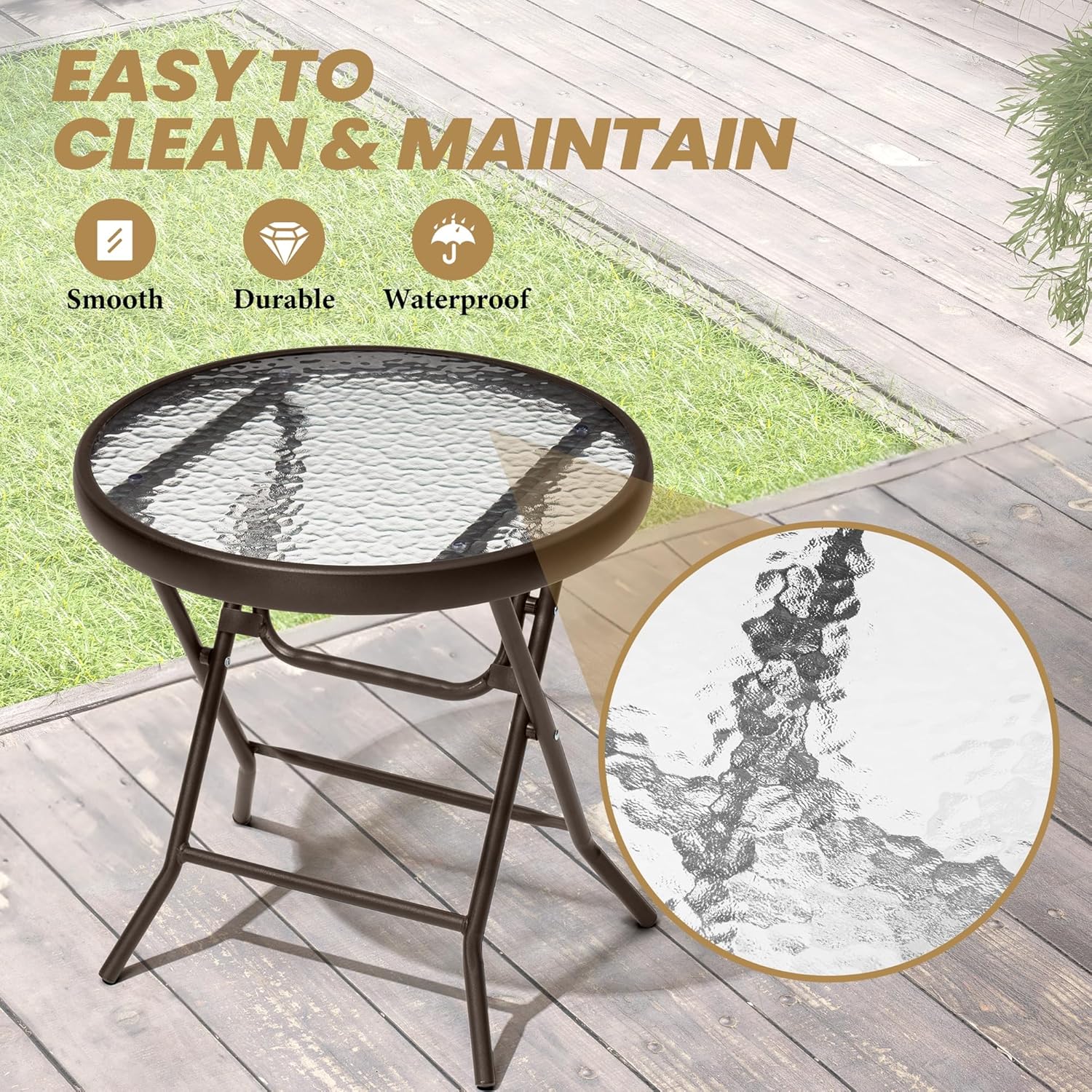 Pellebant Outdoor Side Table Folding Small Outdoor Table Weather-Resistant Coffee Bistro Table with Glass top for Outdoor and Indoor (2, Brown)