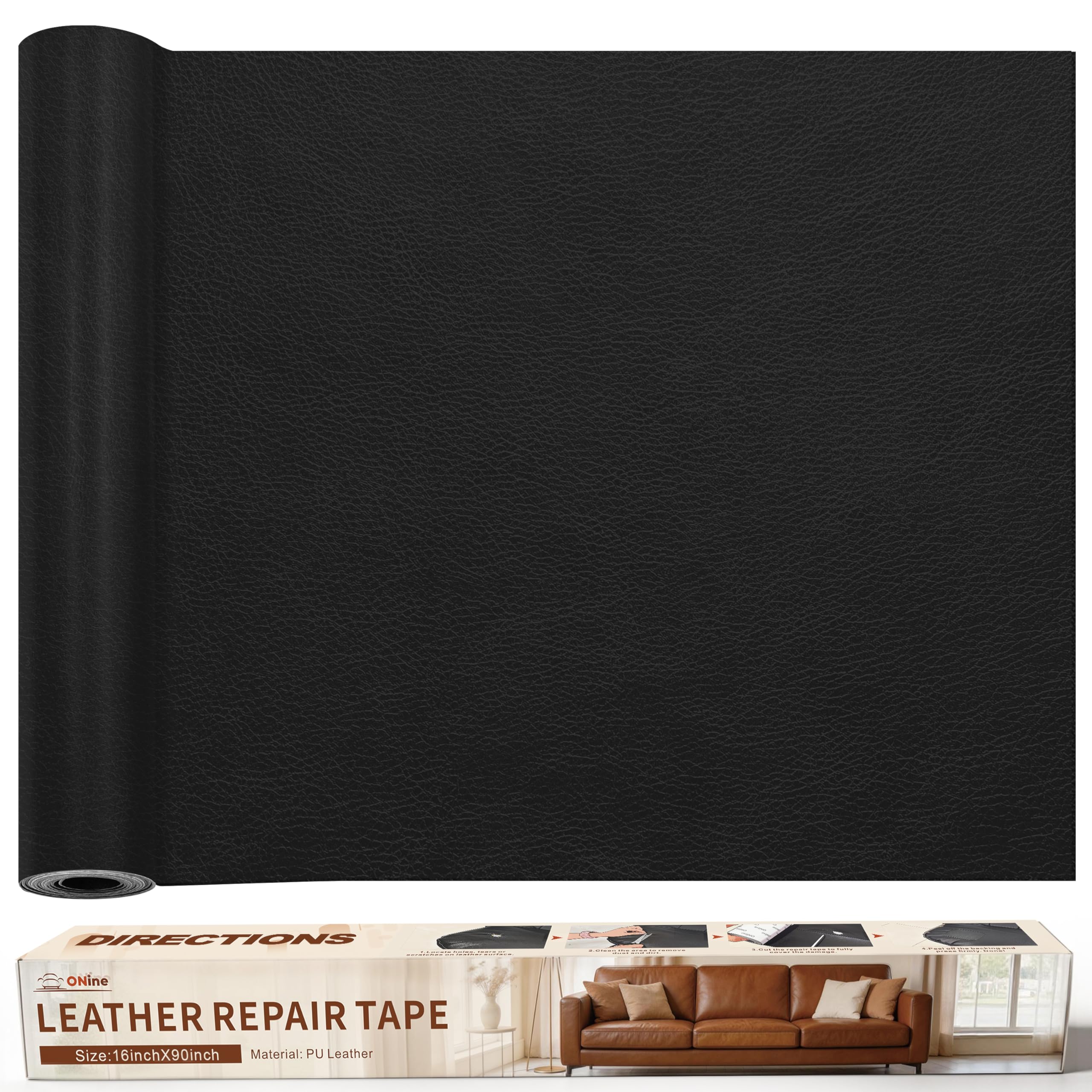 ONine Leather Repair Patch，Leather Repair Tape, 16 x 90 inches Leather Repair Patch for Furniture,Vinyl Repair Kit，Leather Couch Patch，for Sofas, Furniture, Car Seats, Office Chairs(Black)