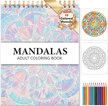 Mandala Coloring Book for Adults 41 Unique Single Sided Patterns and 9 Blank Pages with 12 Colored Pencils Set 130GSM Thick No-Bleed Pape, Relaxation & Mindfulness Gift for Women, 8.5 X 11in