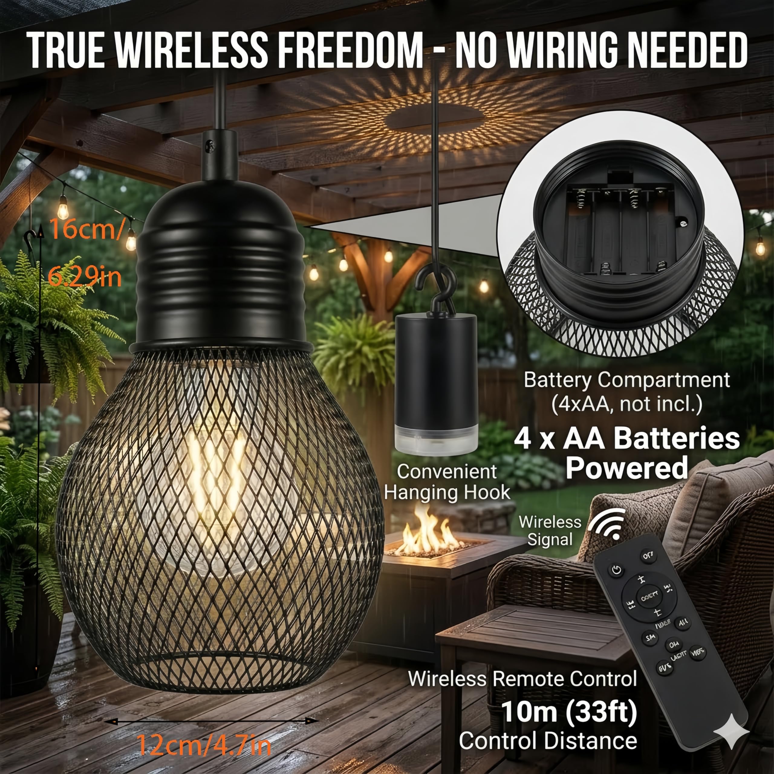Lampada a sospensione a batteria con telecomando impermeabile, 4 batterie AA, per gazebo, pergolato, portico, patio, interno/esterno, nero