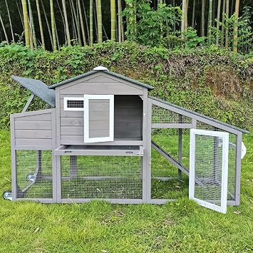 Chicken Coop and Run, Two Story Mobile Rabbit Hutch Indoor Outdoor, Wooden Hen House with Nesting Box Rabbit Cage on Wheels, Ramp, Deep No Leak Pull Out Tray, for Chick, BunnyGrey