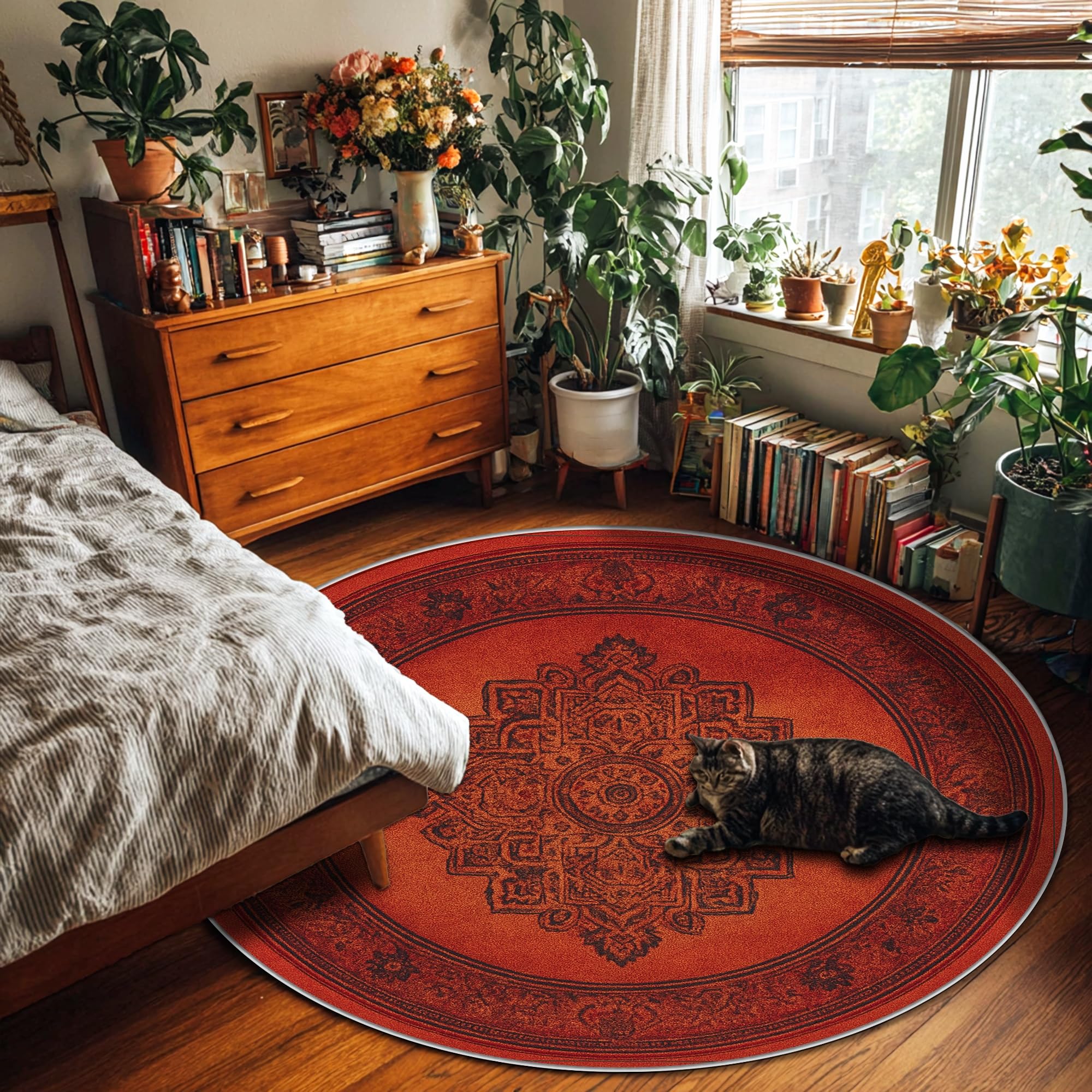 Tapis mandala, style bohème vintage à ornement floral, terre cuite, envers antidérapant, pour salon, chambre à coucher, nouvelle maison, salle à manger, 1,8 x 1,8 m