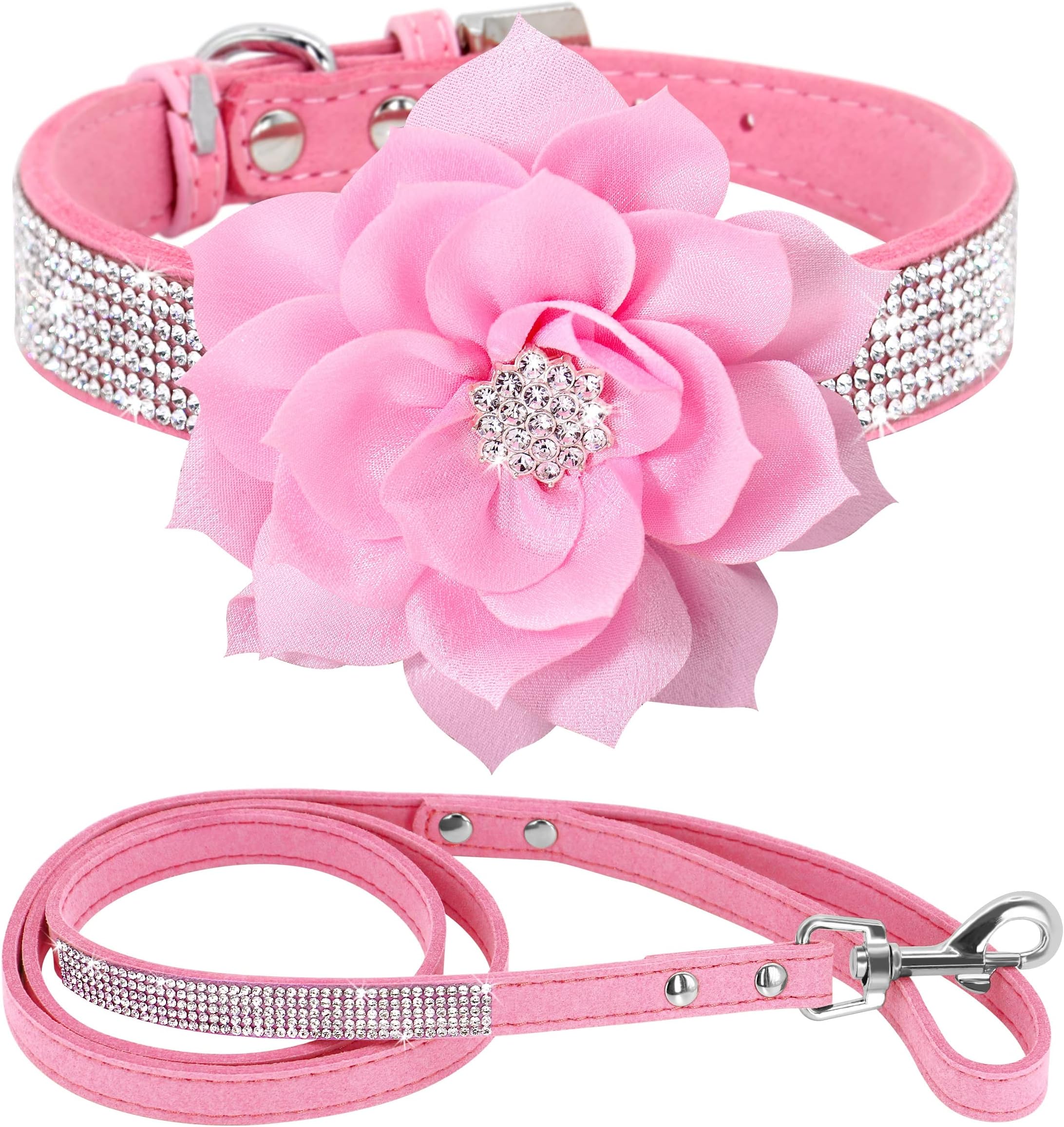 PET ARTIST Rhinestone Dog Collar and Leash Set, Sparkling Girl Dog Collars with Bling Diamonds, Soft Suede Leather Pink Pet Collar with Cute Flower for Small Puppy Dogs Walking Party Wedding,S