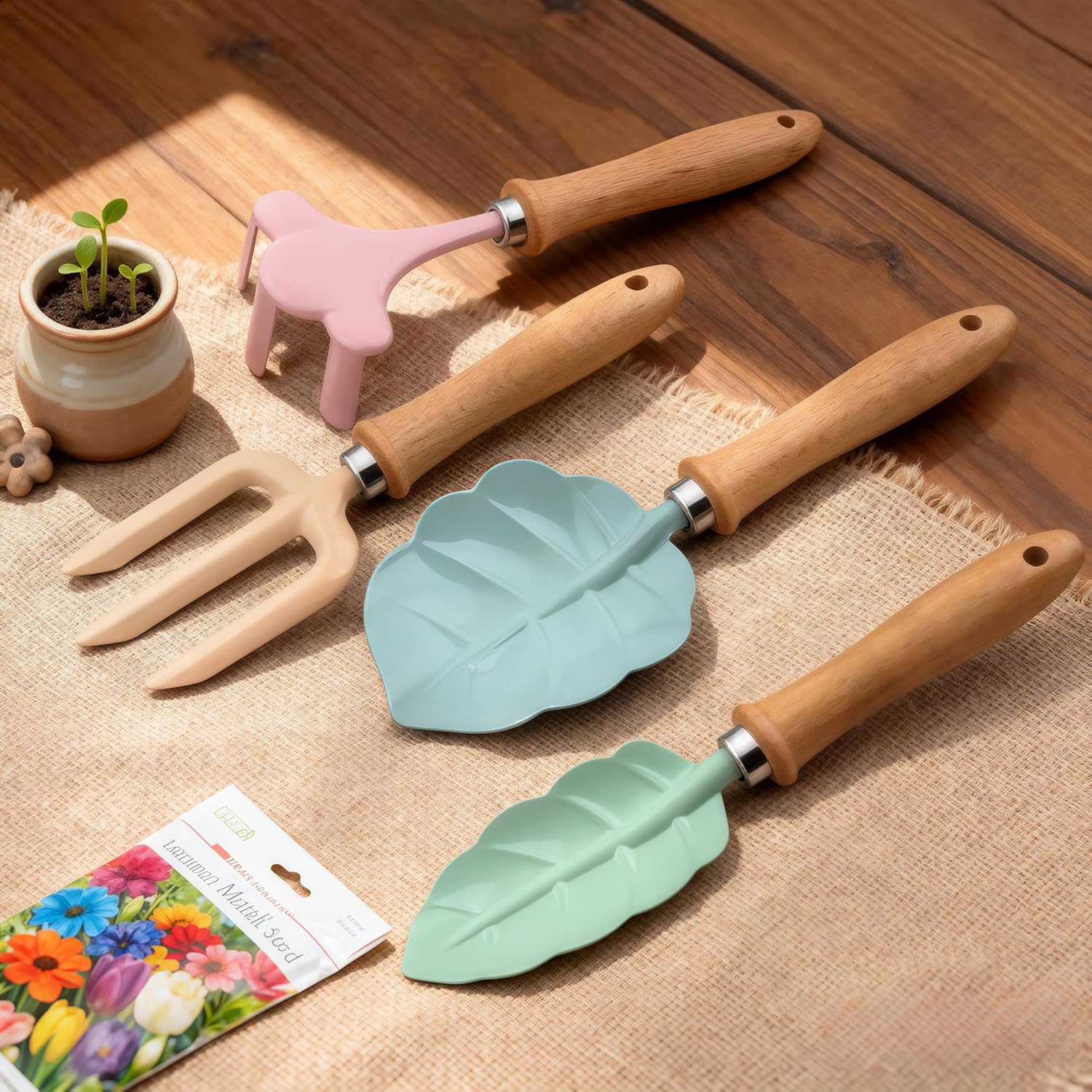 Kids Gardening Tools Set, 4-Piece with Wooden Handles, Leaf Trowels and Fork, Pastel Colors