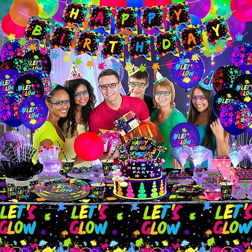 Miniatura 5 de 225 piezas de suministros de fiesta de neón brillante, globo, pancarta de cumpleaños en la oscuridad, guirnaldas, decoración de pastel, mantel,