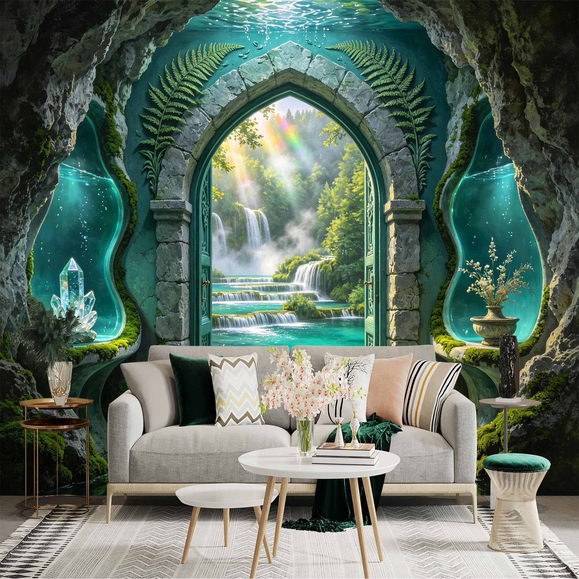 Custom Size Wall Sticker Mural， Mystic Cave Waterfall and Crystal Lake， for wall Decoration， peelandstick wall Decals.