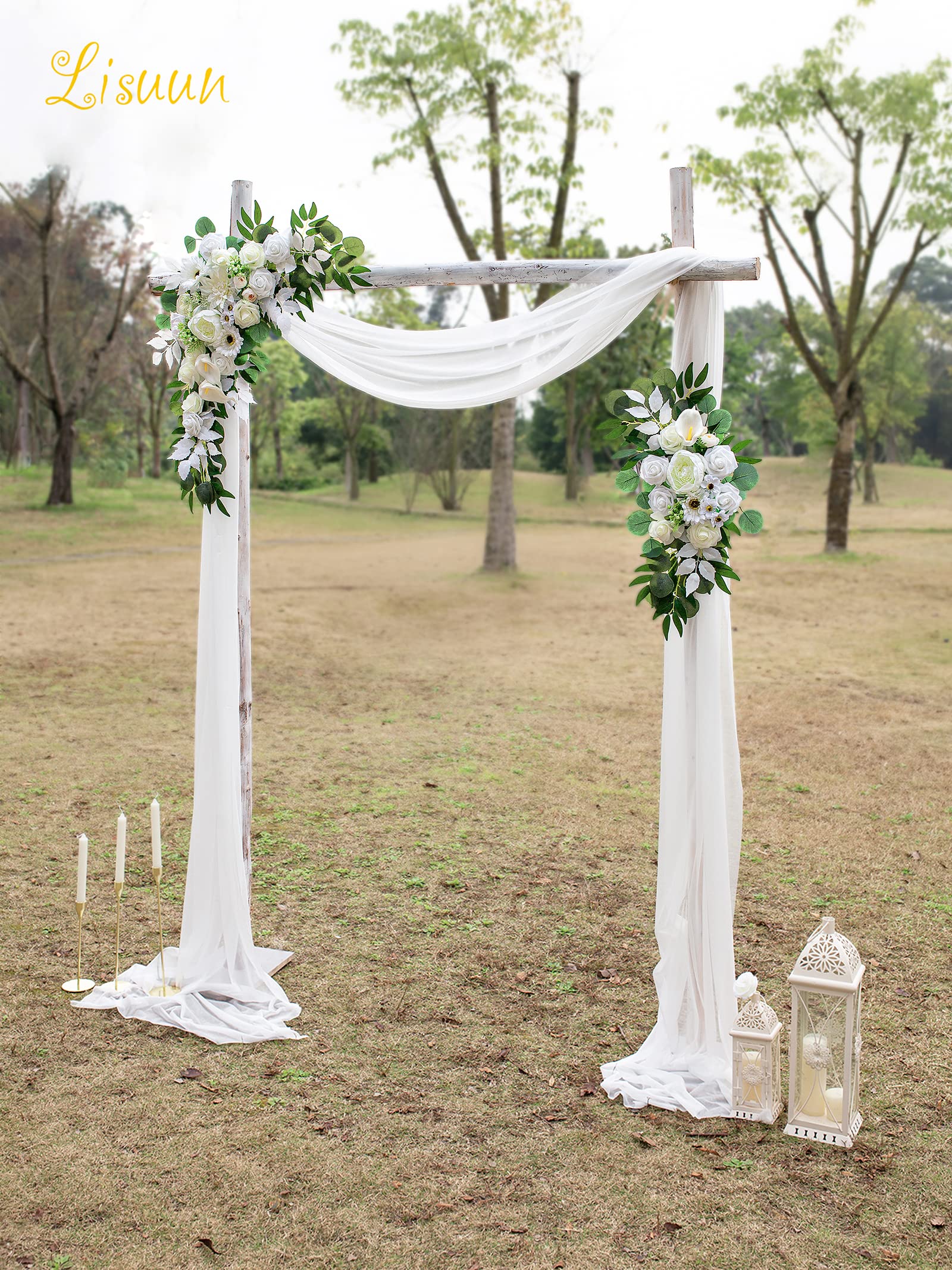 Lisuun Fiori artificiali per la decorazione, 2 festoni di fiori e 1 runner da tavola in chiffon semitrasparente, per cerimonie nuziali sacre e pure, decorazioni floreali - Confezione da 3