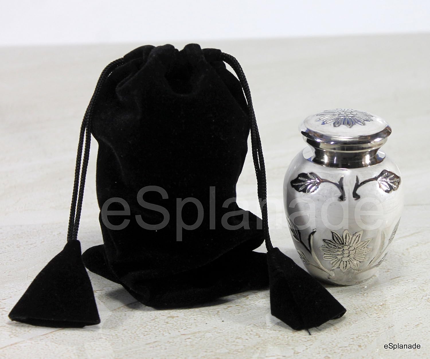 eSplanade Metal Cremation Mini urn Keepsake Memorial | Small urn for Ashes Funeral Burial Container jar Pot | Color - White(Silver Carved) Size-4.5 Inches