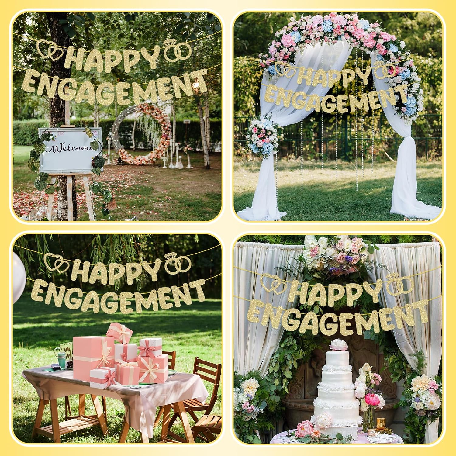 Pre-Strung Engagement Party Decorations,Glitter Happy Engagement Banner,Engaged Banner Congratulations Wedding for Bachelorette Party Shower Signs Decor（ Champagne Gold ）