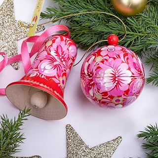 Christmas Ball and Bell 5.5 cm Set Handmade of Wood and Hand-Painted Small Openable Bauble Ukrainian Folk Art Unique Christmas Ornaments with Petrykivka Painting (Pink)