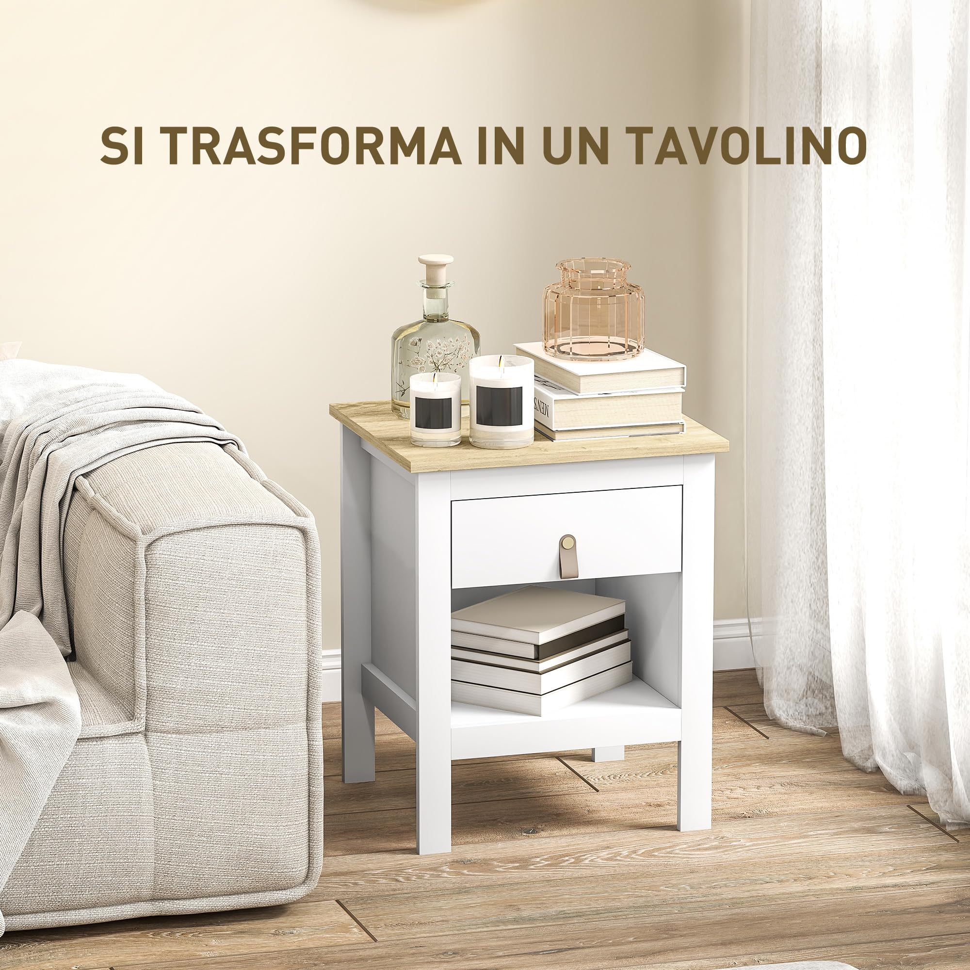 HOMCOM Set 2 Comodini Camera da Letto con Cassetto e Ripiano Aperto Portaoggetti, Coppia di Comodini Moderni in Legno, Tavolini per Divano, Soggiorno, Salotto, 45x40x55 cm, Bianco e Rovere
