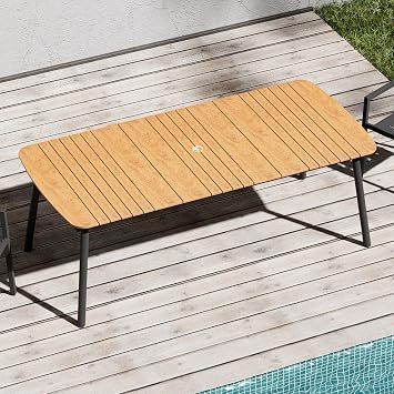 Brown Outdoor Dining Table 82" Patio Dining Table with Umbrella Hole for 6-8 Rectangle Aluminum Dining Tables with Waterproof Wood-Like Tabletop for Backyard Garden Poolside