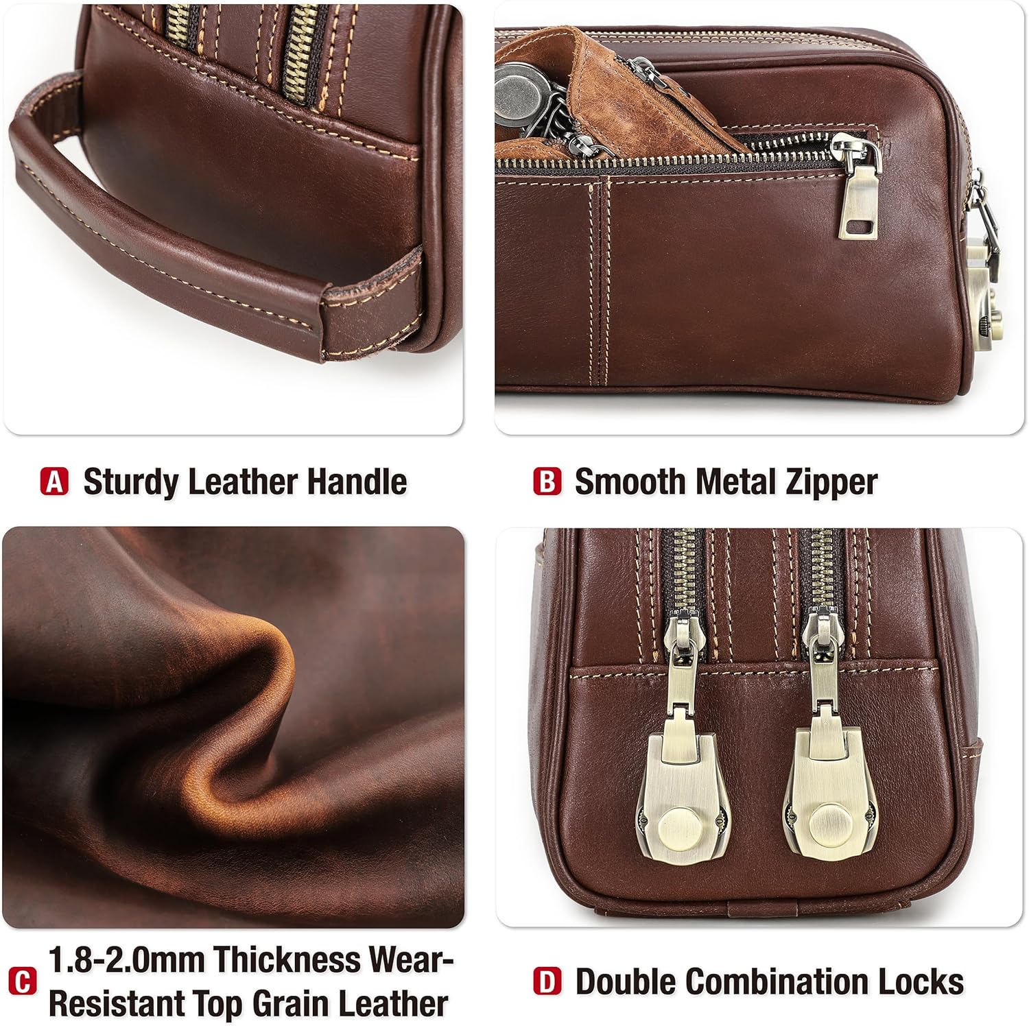 Top Grain Genuine Leather Travel Organizer Clutch Bag, Handmade Retro Vintage Design, 3 Zipper Pockets & Combination Locks, Portable Storage Bag for Phone/Cable/Charger/Notebook/Cash/Cosmetic, Black