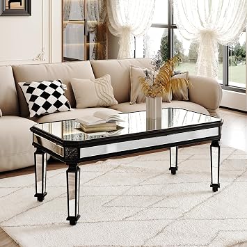 Mirrored Coffee Table 48" Rectangle Mirror Center Table with Black Carved Frame Luxury Silver Coffee Tables for Living Room Bedroom