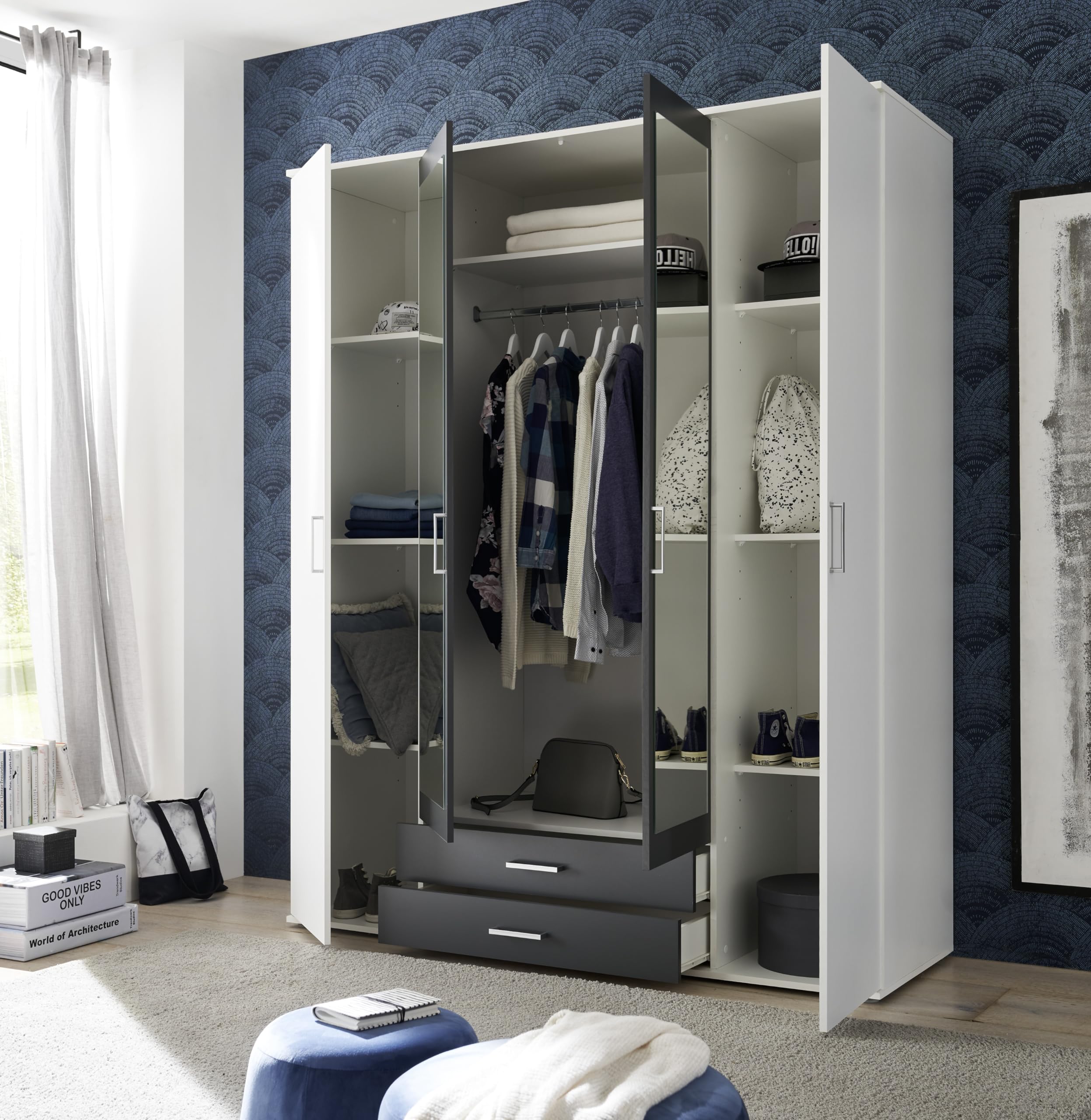 AVANTI TRENDSTORE Hanu - Armadio in legno laminato a 2 ante a battente in legno, 2 ante con specchio e 2 cassetti. Disponibile nel colore bianco/grafite. Dimensioni LxAxP 160x196x54 cm