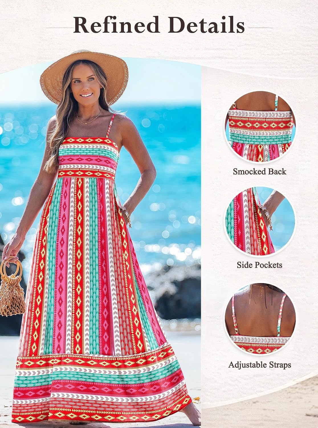  Women Summer Maxi Dress 2026 Spaghetti Strap Long Beach Dress | Flowy Sundress, Adjustable Straps, Smocked Back, Side Pockets, Resort Wear for Vacation, Garden Party, Cruise thumbnail