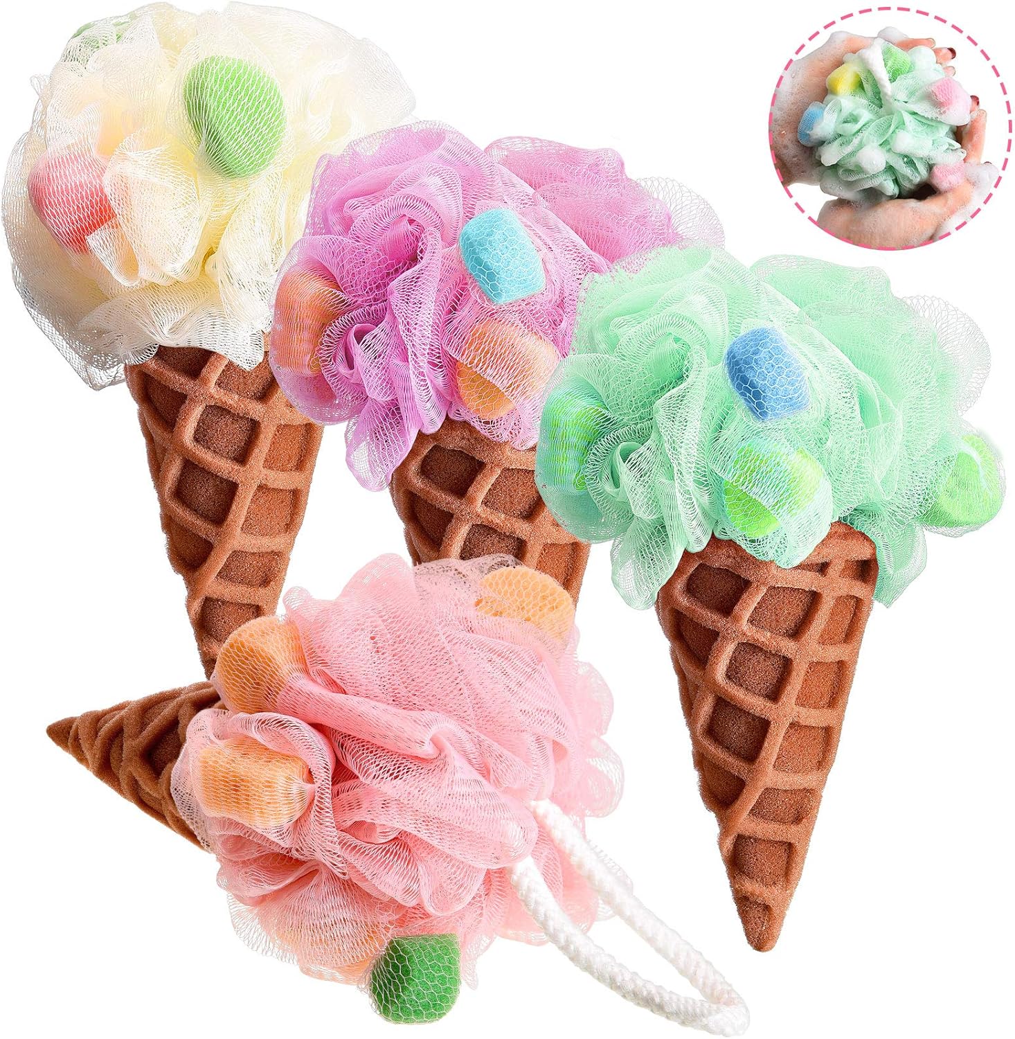 4 Pieces Kids Loofah Ice Cream Cone Bath Sponge Kids Bath Shower Sponge Body Scrubber Exfoliating Loofah for Kids Spa Shower 4 Pieces Kids Loofah Ice Cream Cone Bath Sponge Kids Bath Shower Sponge Body Scrubber Exfoliating Loofah for Kids Spa Shower