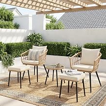 FHFO 5 Piece Patio Bistro Set with Ottoman, Wicker, Beige | All-Weather Hand-Woven Rattan | Tempered Glass Table | Durable Fabric | Ergonomic Design | Indoor & Outdoor Use