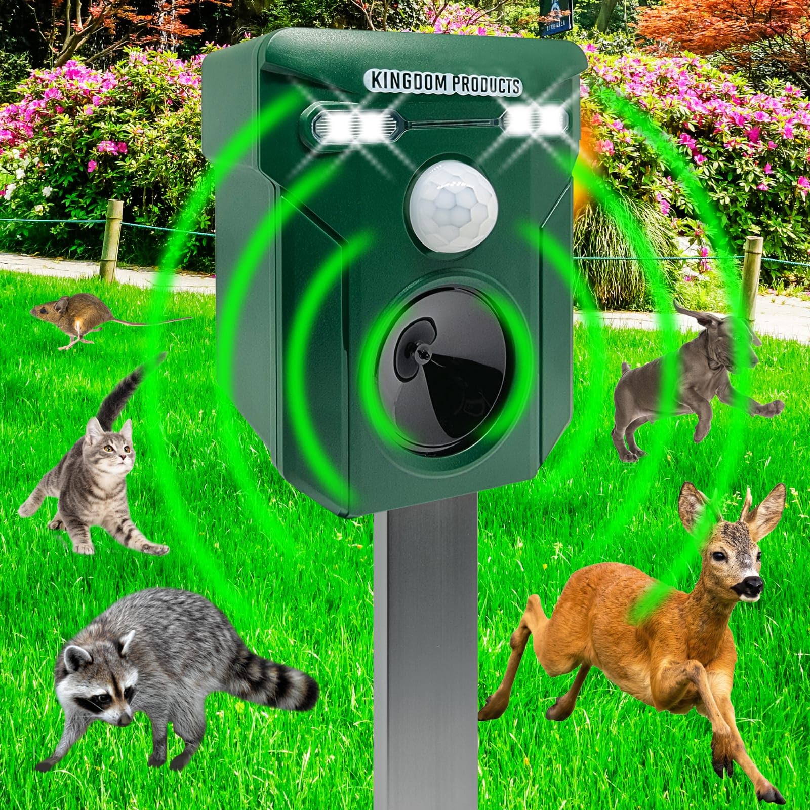 New Solar Animal Repeller with 29ft Expanded Sensing Distance and 110 Degree Wider Operating Range - Motion Activated Outdoor Animal Repellent with Special LED Lights, Alarm and Free USB Cable