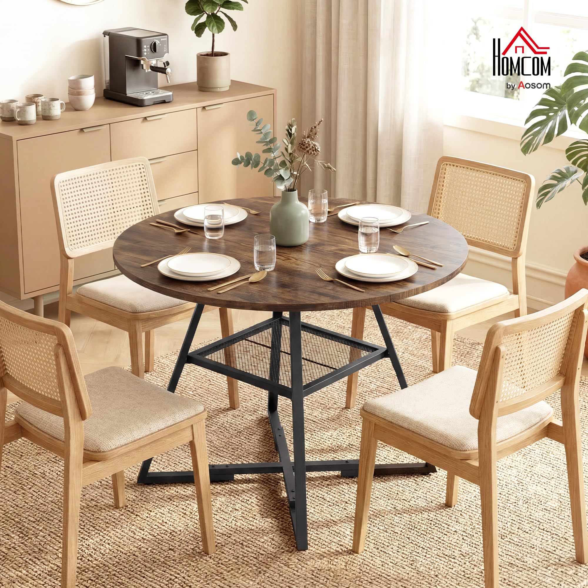 HOMCOM Table à Manger Ronde pour 4 Personnes avec Large Plateau et étagère de Rangement, Table de Cuisine Industrielle, Cadre en métal, Ø 100 x 76 cm, Brun Rustique