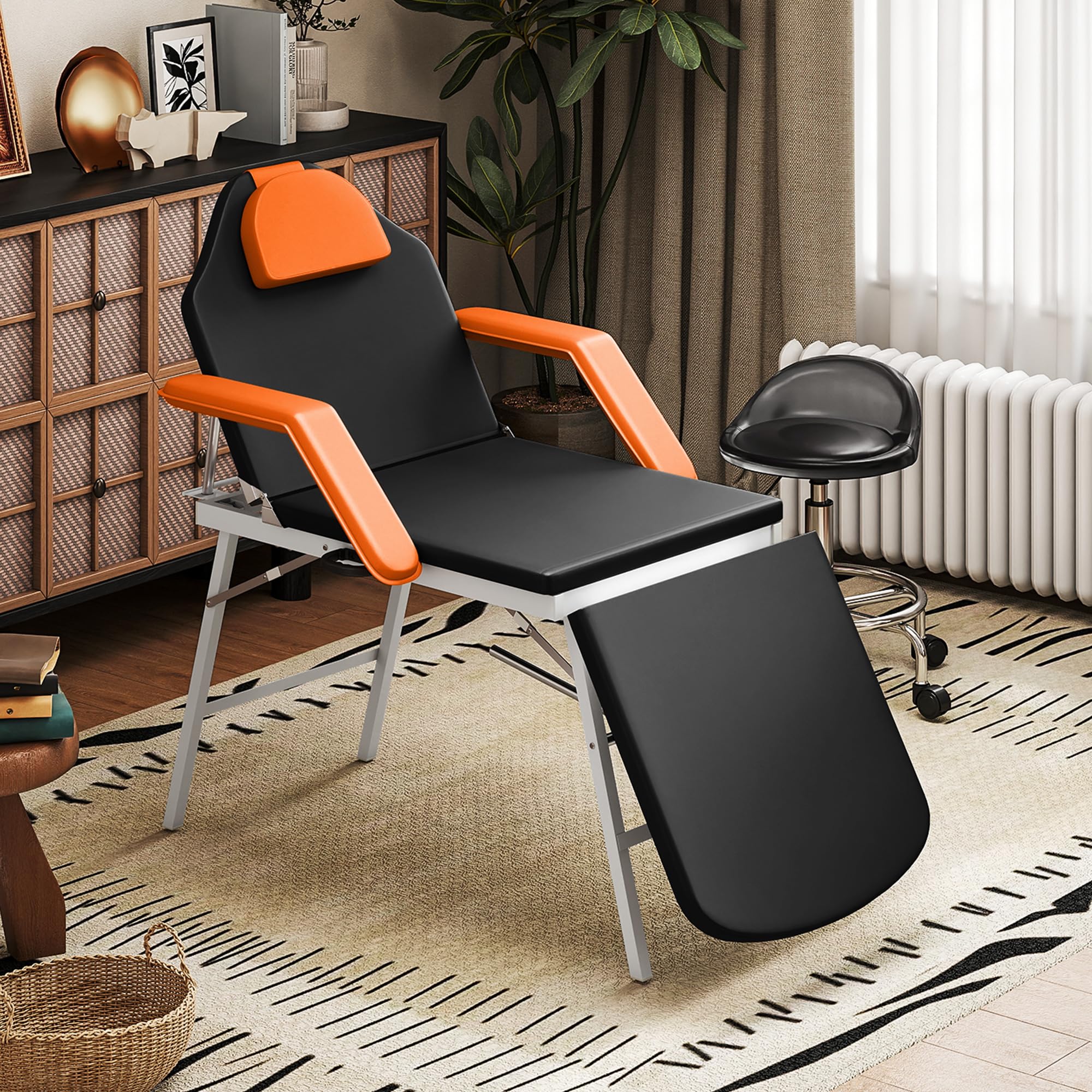 HOMCOM Camilla Masaje Plegable Portátil Camilla Estética Profesional de 3 Zonas con Respaldo Soporte para Piernas Ajustables Reposacabezas Extraíble Reposabrazos Acolchados para SPA 182x82 cm Naranja