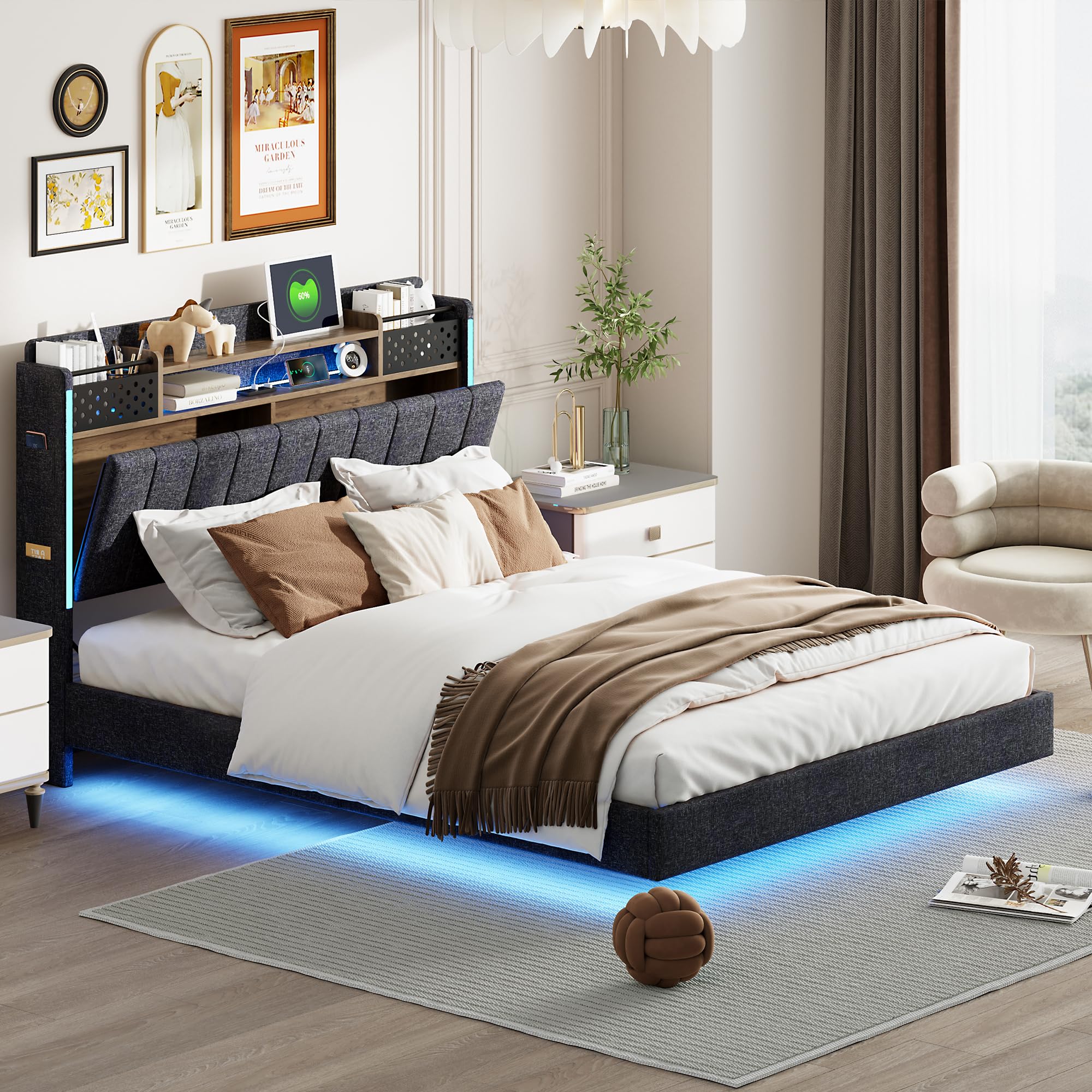 Letto 120x200 Cm Con LED E USB - Struttura In Metallo, Testiera In Legno Con Vano E Spazio Sotto, Nero