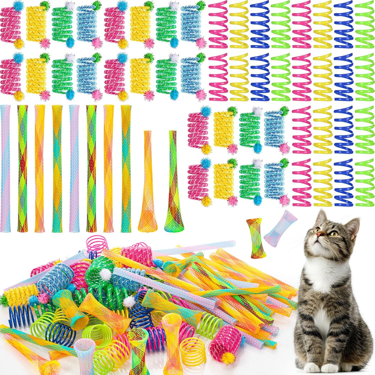 100 Pcs Cat Springs Toys Pack for Indoor Kitten Colorful Cat Supplies Include Interactive Plastic Coil Spiral Spring Rolling Mesh Tubes for Kitten Stray Cats to Bouncing Play Hunt