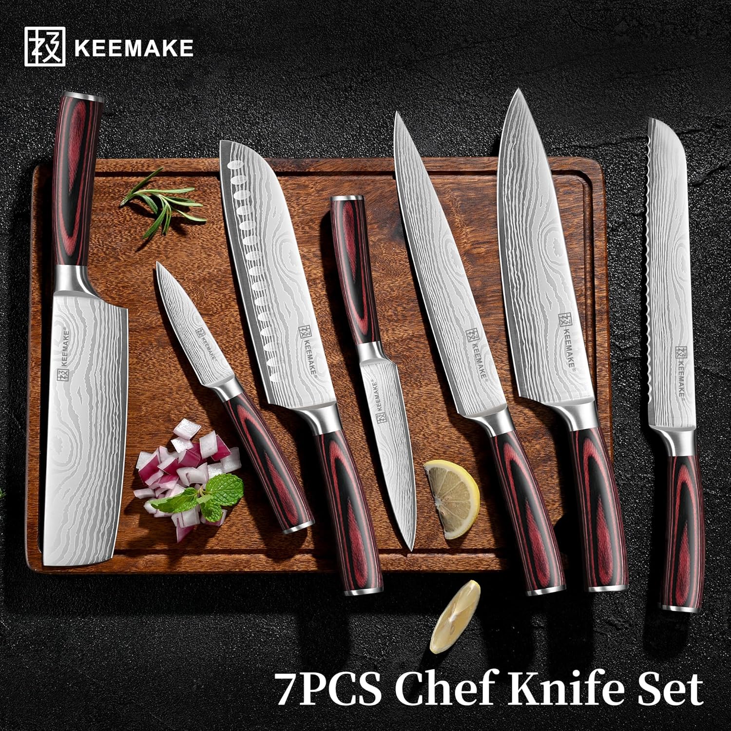 KEEMAKE Kitchen Knife Set, Ultra Sharp Chef Knife Set 7-Piece, High Carbon Stainless Steel Chefs Knife Set, Professional Knives Set for Kitchen with Pakkawood Handle and Gift Box - Image 6