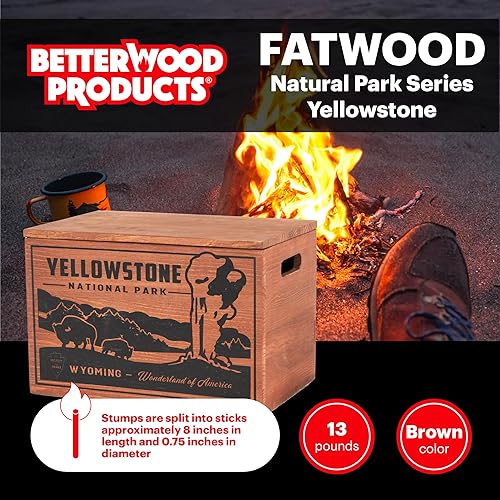Miniatura 2 de Better Wood Products Edición limitada Protect The Parks Series All Natural Fatwood Fire Starter Sticks, caja de madera de 13 libras, Yellowstone