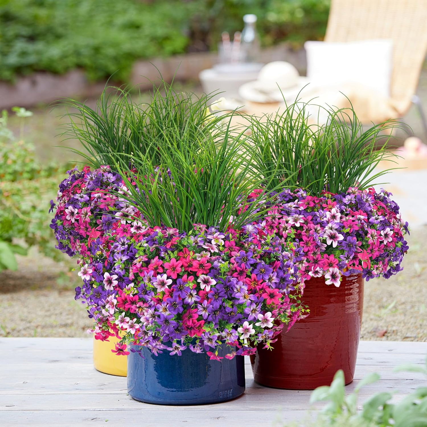 Artificial Flowers,14 Bundles UV Resistant Fake Flowers Daisy with Greenery Plants Wheat grass,Faux Outdoor Flowers for Spring Summer Decoration, Outdoor Faux Plants Home Window Porch Patio Yard