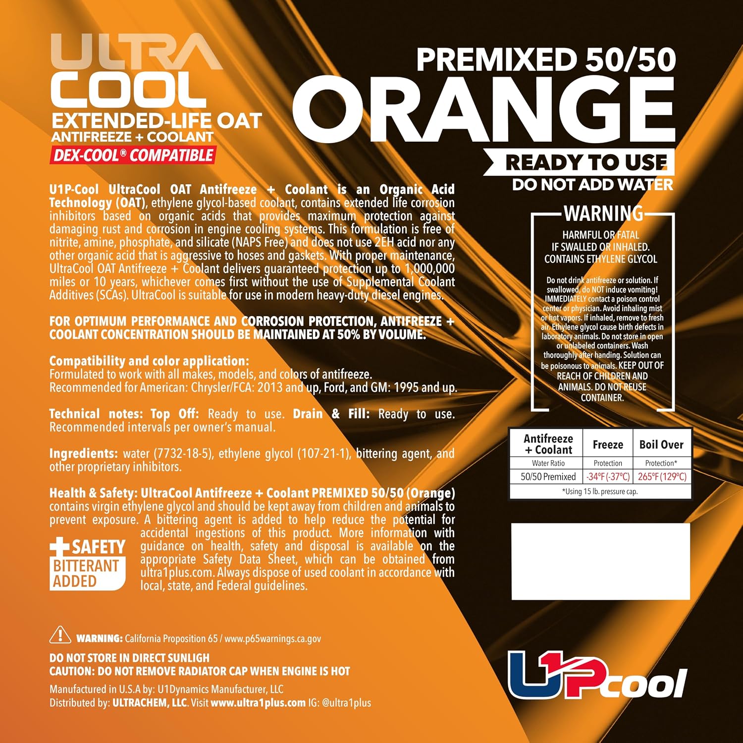 ULTRA 1PLUS Oat NAPS Free Extended Life Antifreeze Coolant (50/50, Orange, 55 Gallon Drum)