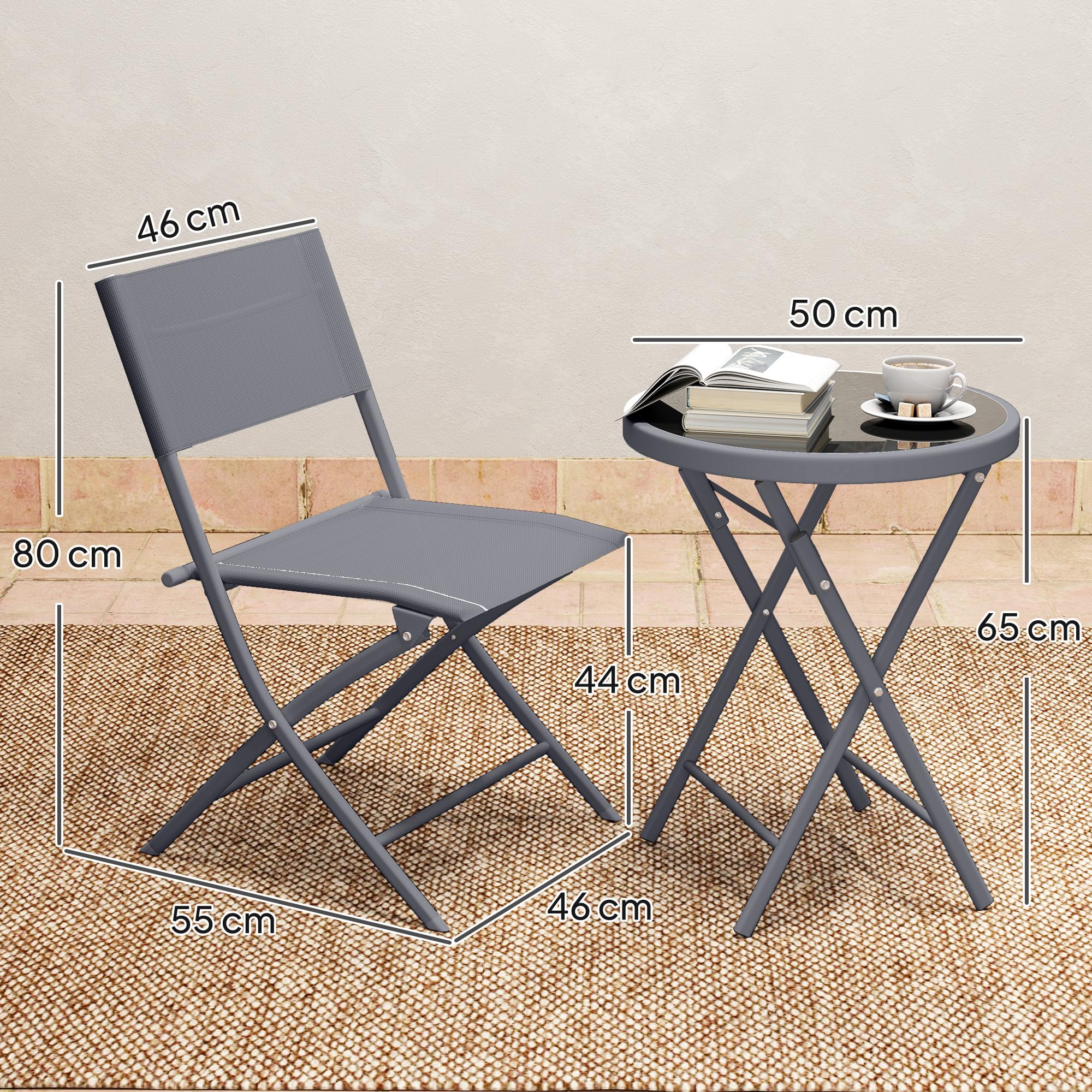 Outsunny Ensemble de bistrot 3 pièces Pliable en métal, 2 chaises et 1 Table Ronde, Salon de Jardin extérieur 2 Personnes, Table de Jardin extérieur avec chaises pour Jardin, terrasse, Balcon, Gris