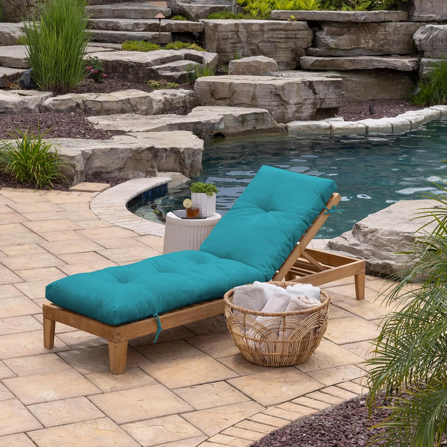 arden outdoor plush modern tufted chaise cushion, 76 x 22, rain-proof, fade resistant, tufted cushion for chaise lounger lake blue leala