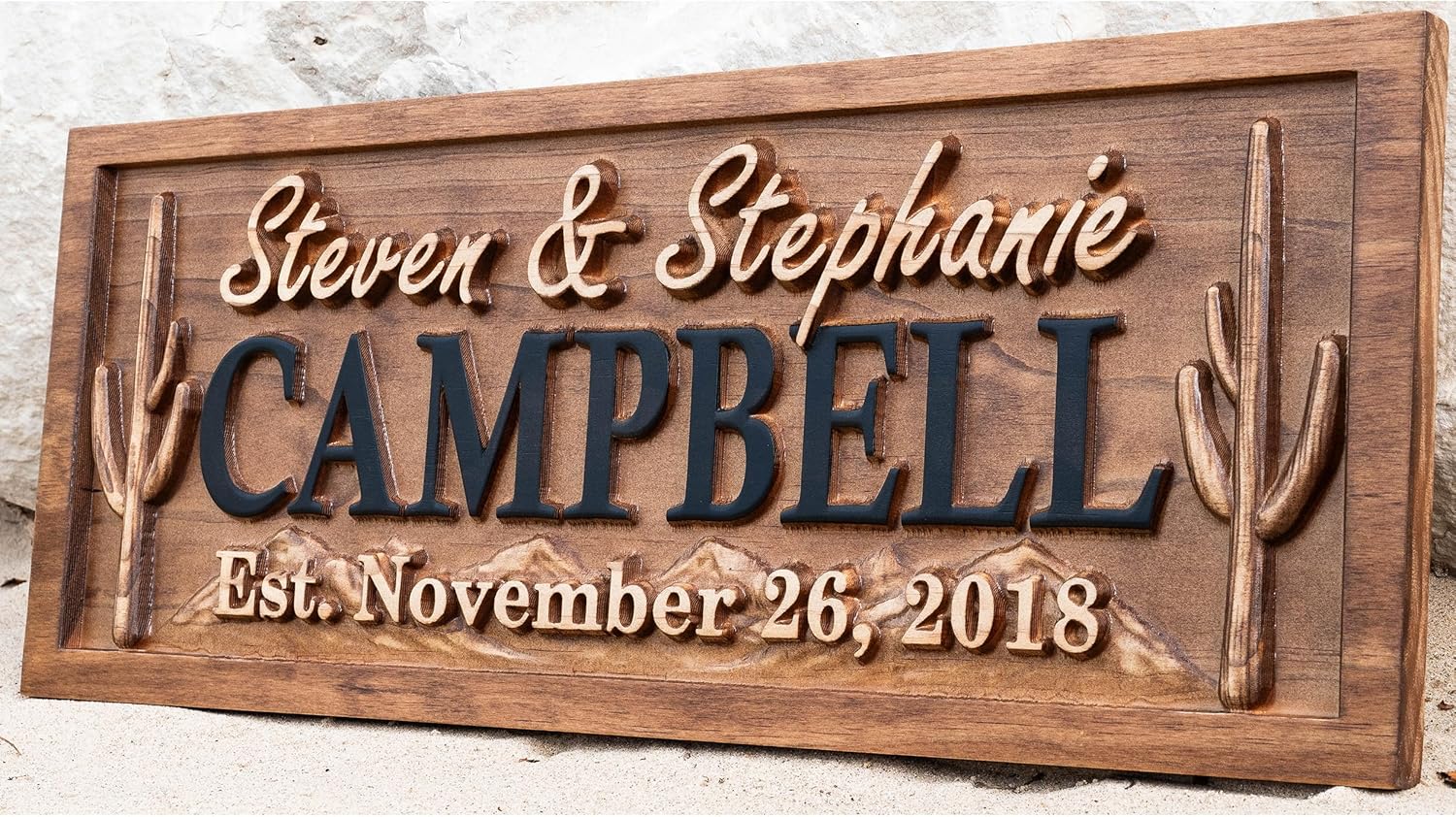 Custom Cactus Wood Name Sign | Desert Home Established Family Sign | Carved Wood Last Name Sign, Personalized Wedding Gift, Anniversary