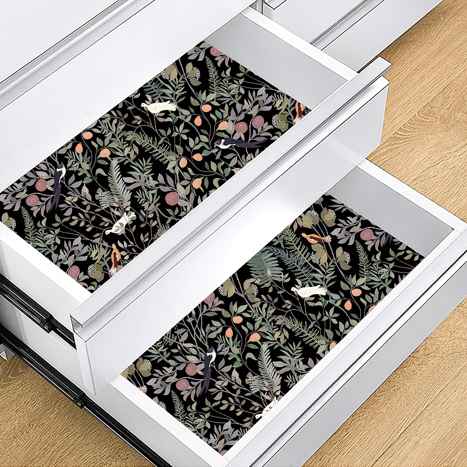 Self Adhesive Shelf Liner Kitchen Pantry Drawer Liner Black Bird Botanical