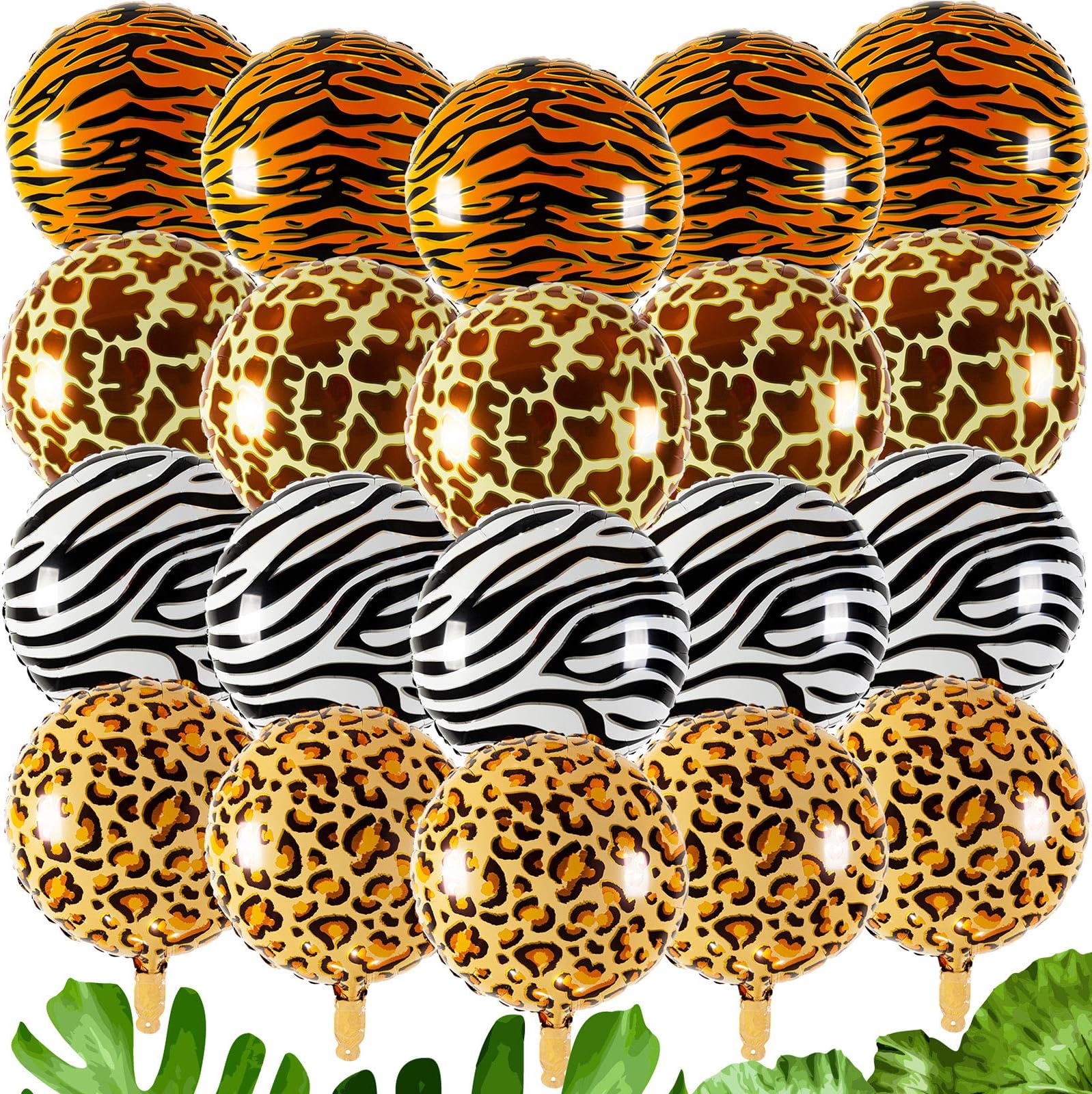 20 Pieces Round Aluminium Foil Balloons Tiger leopard Zebra Pattern Helium Balloon Jungle Animals Kids Party Supplies Wildlife Print Balloons for Zoo Themed Birthday Decorations Backdrop, 18 Inches