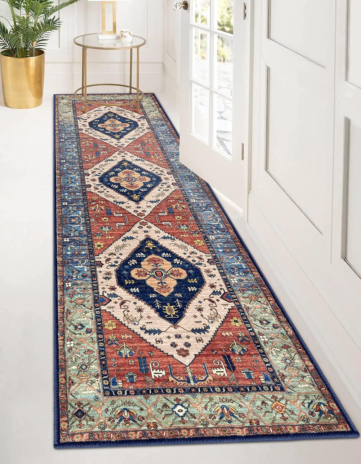 EARTHALL Boho Rug Runner 2x8 Washable Persian Distressed Hallway Runner Tribal Entry Throw Rug Faux Wool Soft Fuzzy Rug Non-Slip Low-Pile Indoor Accent Rug Runner for Kitchen