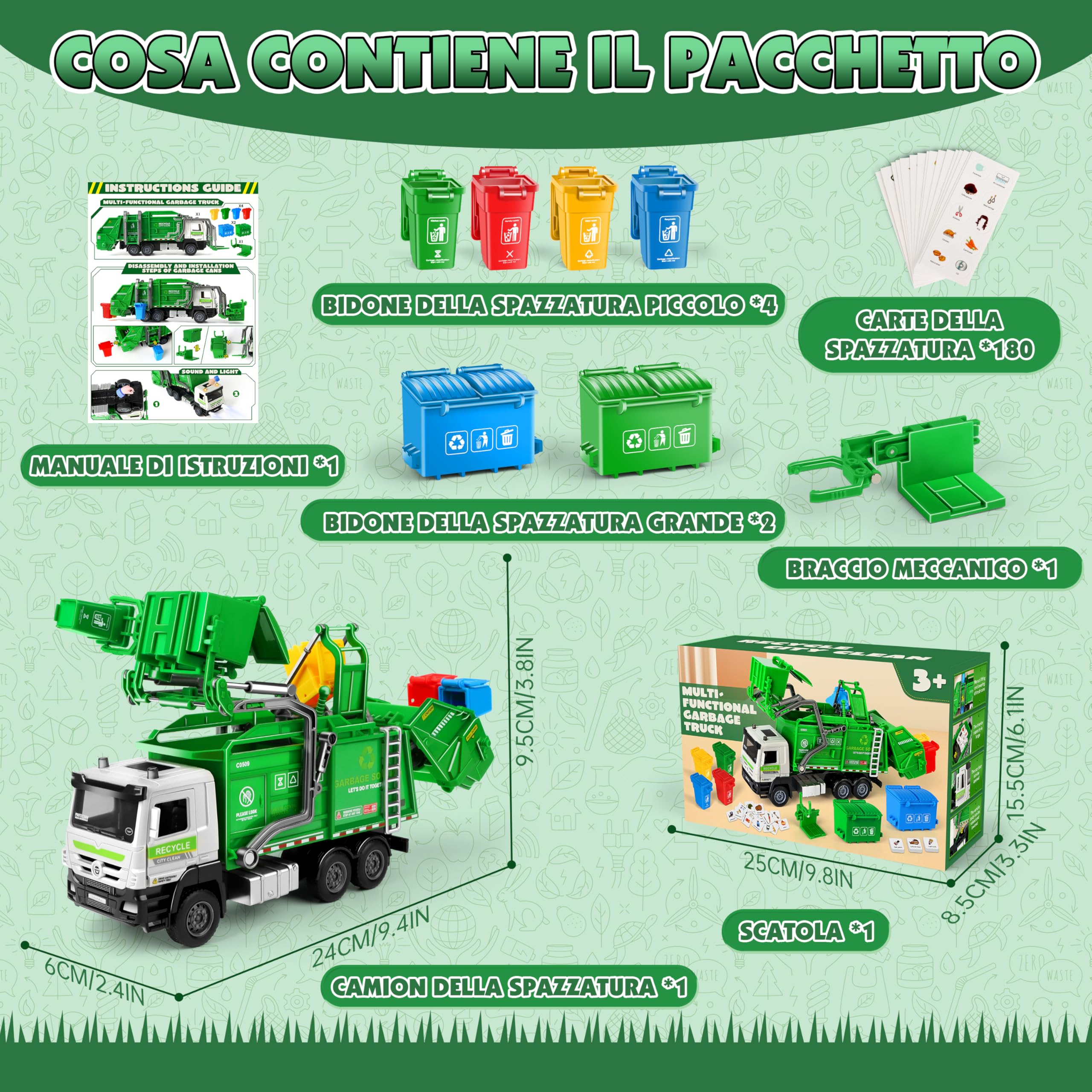 Charmofun Camion Spazzatura, Camion dei Rifiuti con 6 bidoni della spazzatura, 180 Carte del Rifiuto, Luci e Suoni, Camions Immondizia Regalo per Bambini e Bambine 3+