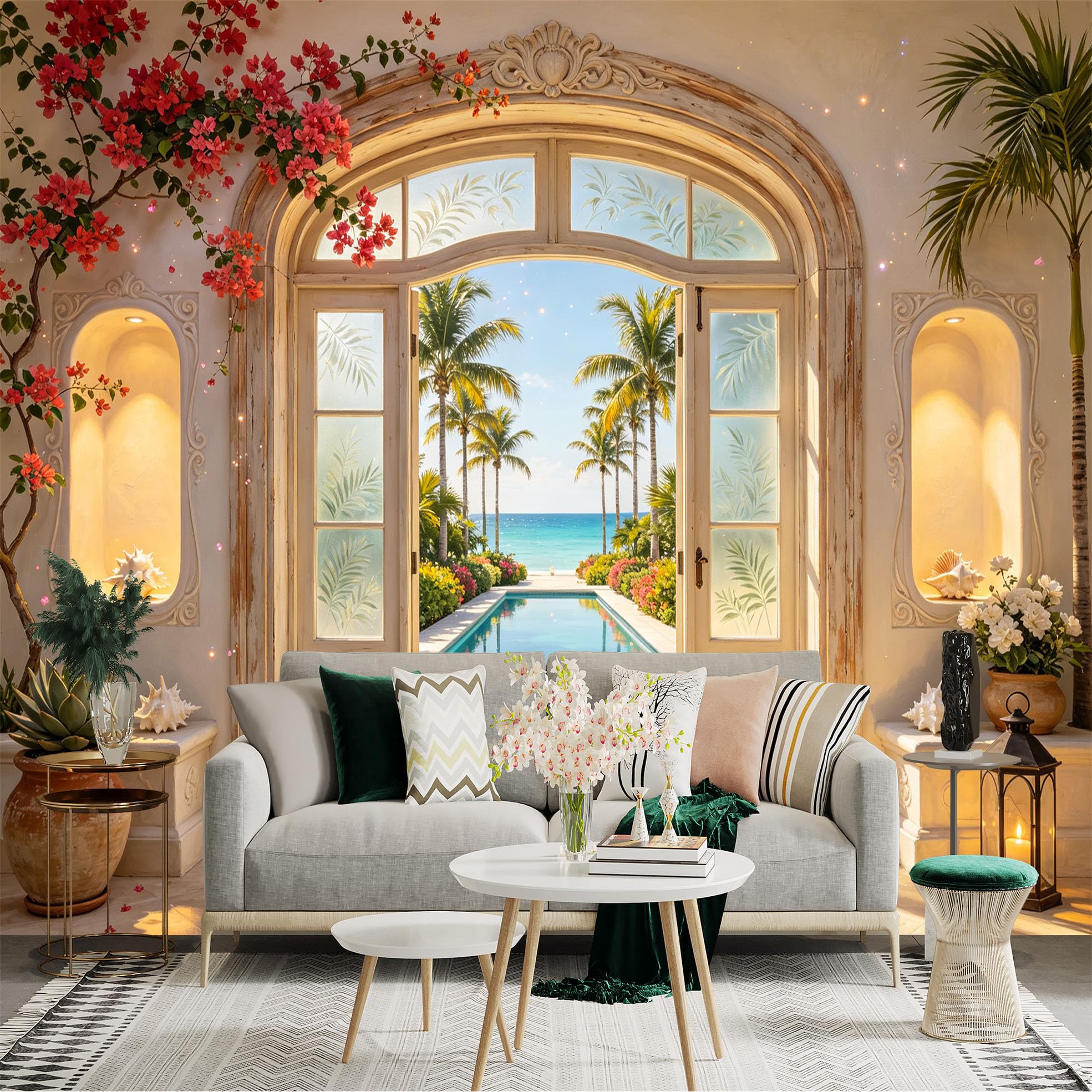 Custom Size Wall Sticker Mural， Coastal Archway with Palm Trees， Ocean Pool View， for wall Decoration， peelandstick wall Decals.