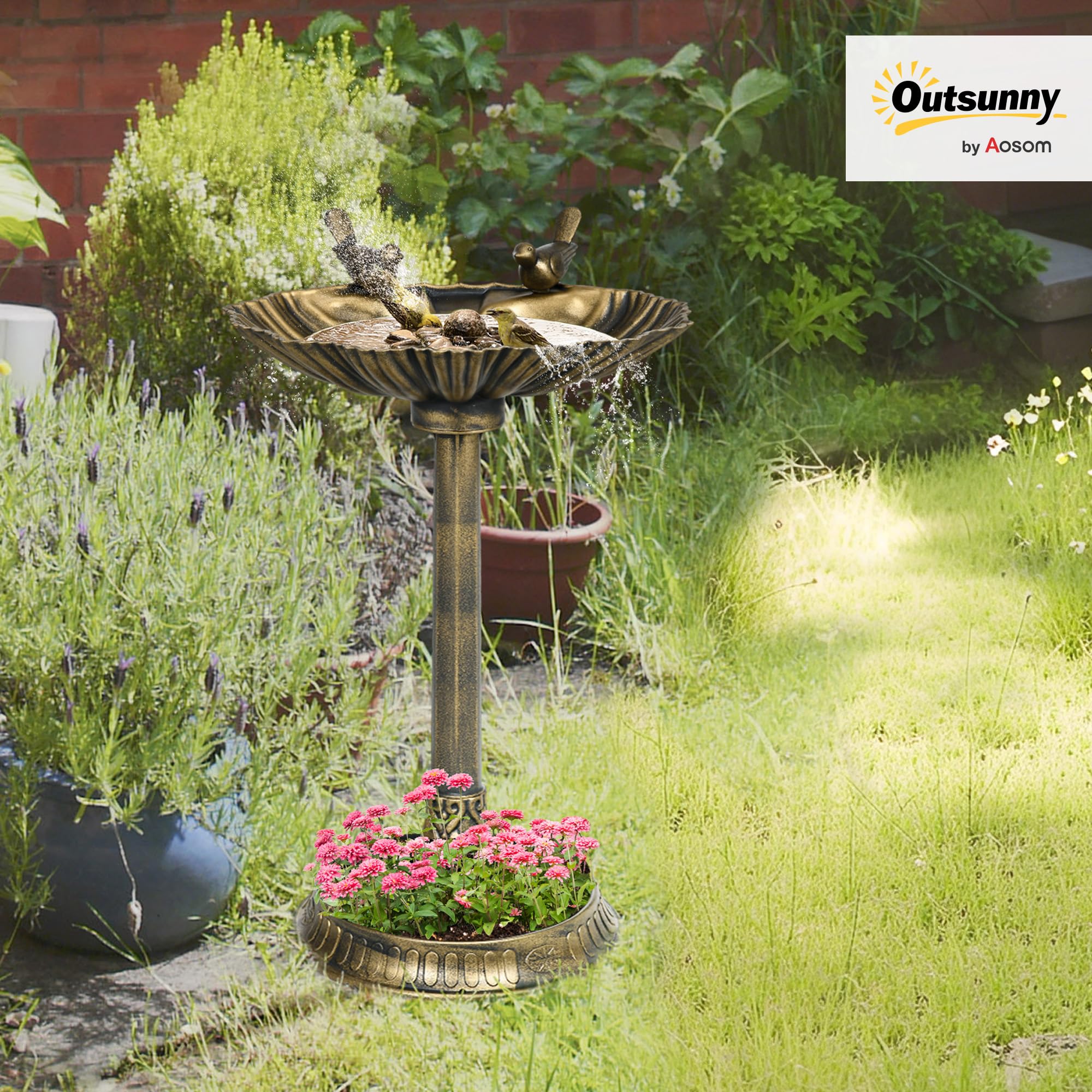 Outsunny Baño para Pájaros de Jardín al Aire Libre, Altura 81 cm, Comedero para Pájaros con Base de Pedestal, Diseño de Concha y Acabado Envejecido, Ligero y Resistente, Bebedero para Aves, Bronce