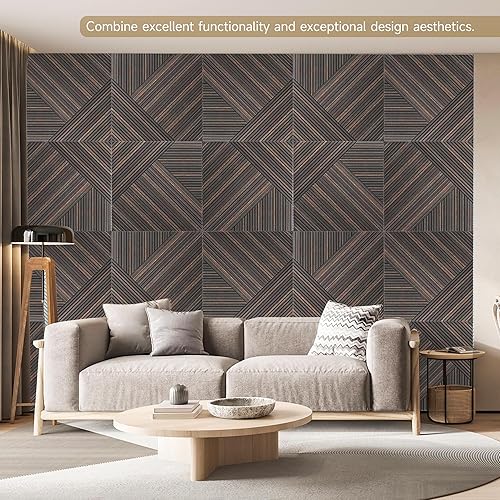 Miniatura 3 de Paneles acústicos para pared y techo, paquete de 6 paneles de pared decorativos autoadhesivos de impresión UV 3D con aspecto de madera, nogal